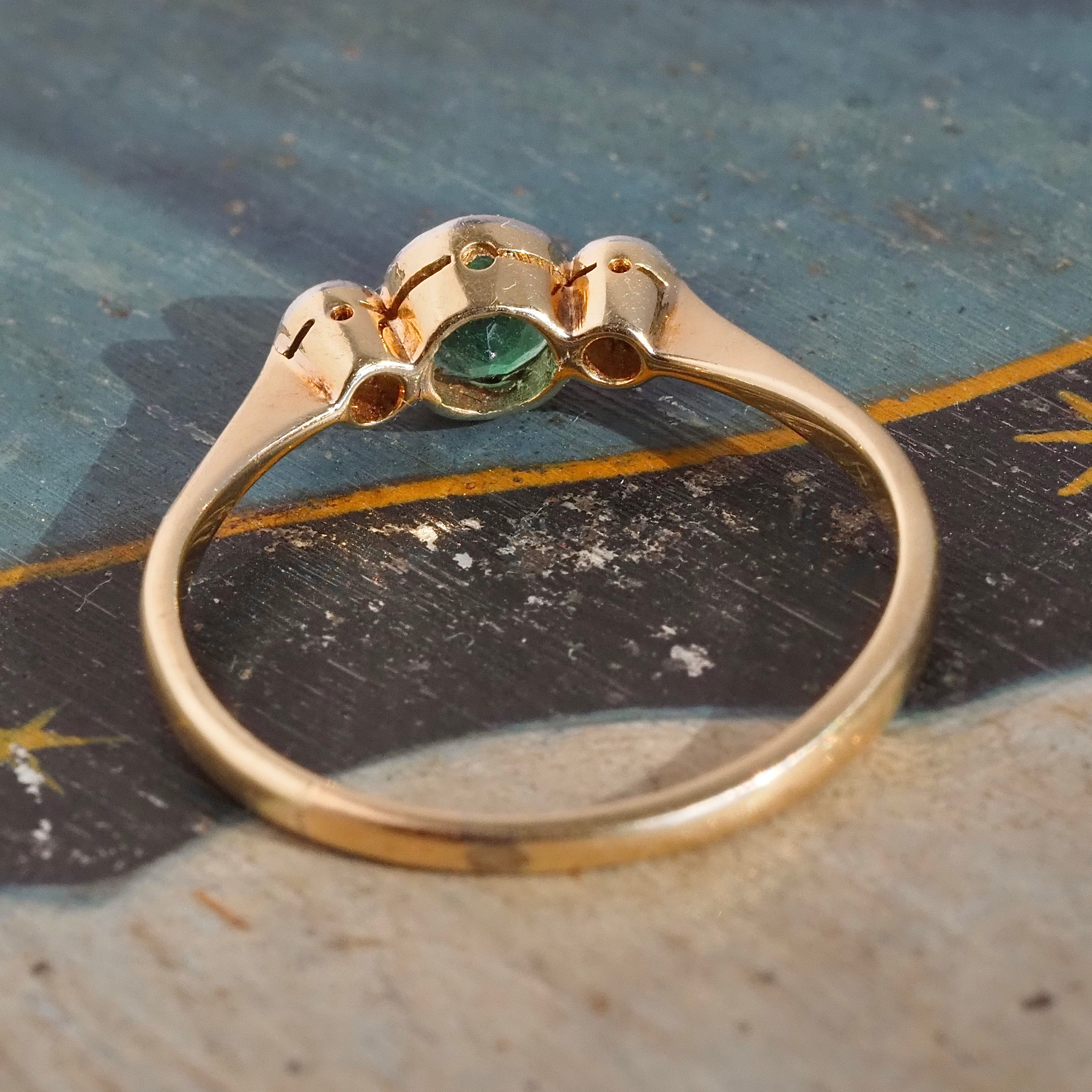 Antique Edwardian Emerald and Old Mine Cut Diamond Trilogy Platinum and 18k Gold Ring