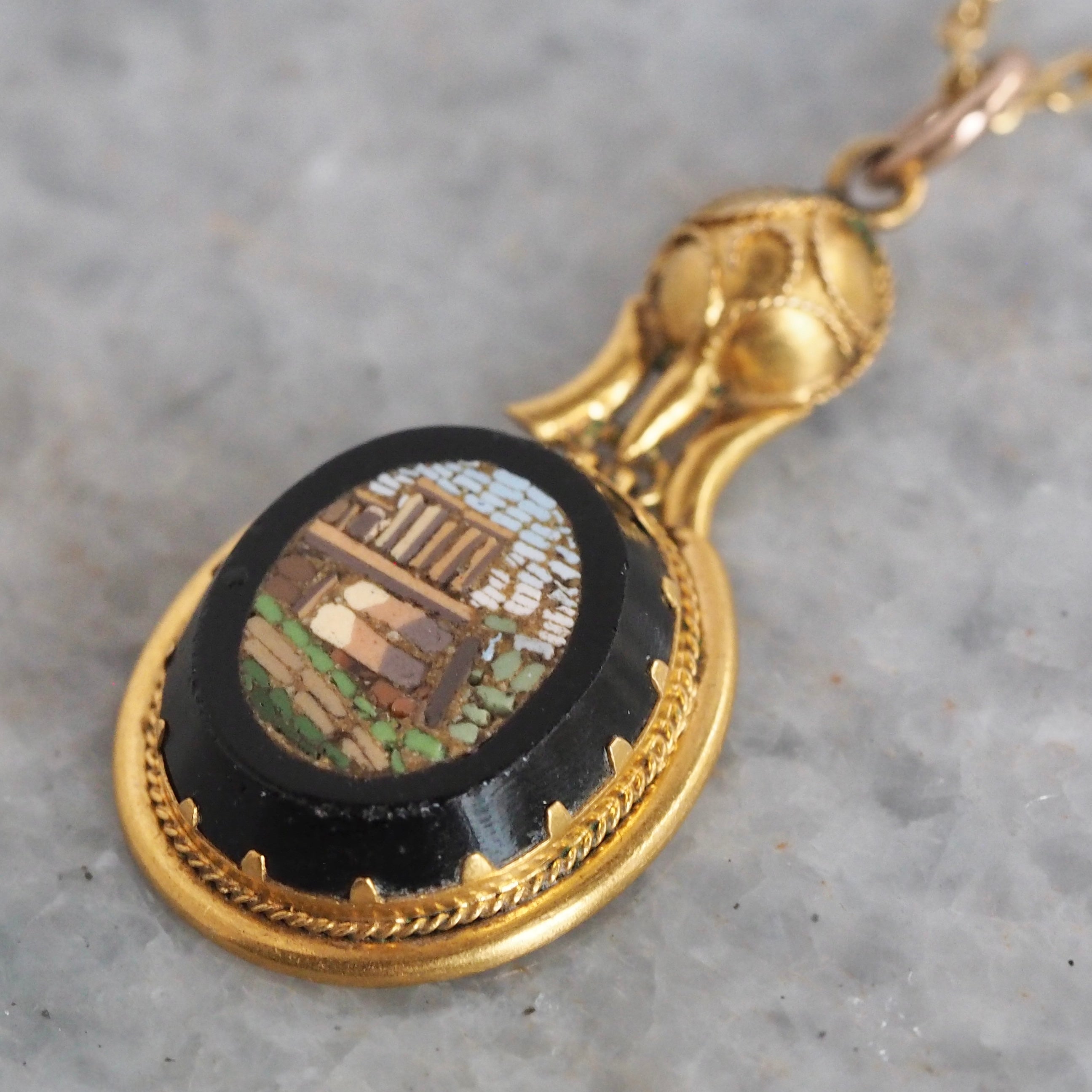 Antique Victorian Grand Tour 14k Gold Micro Mosaic Roman Ruins Pendant