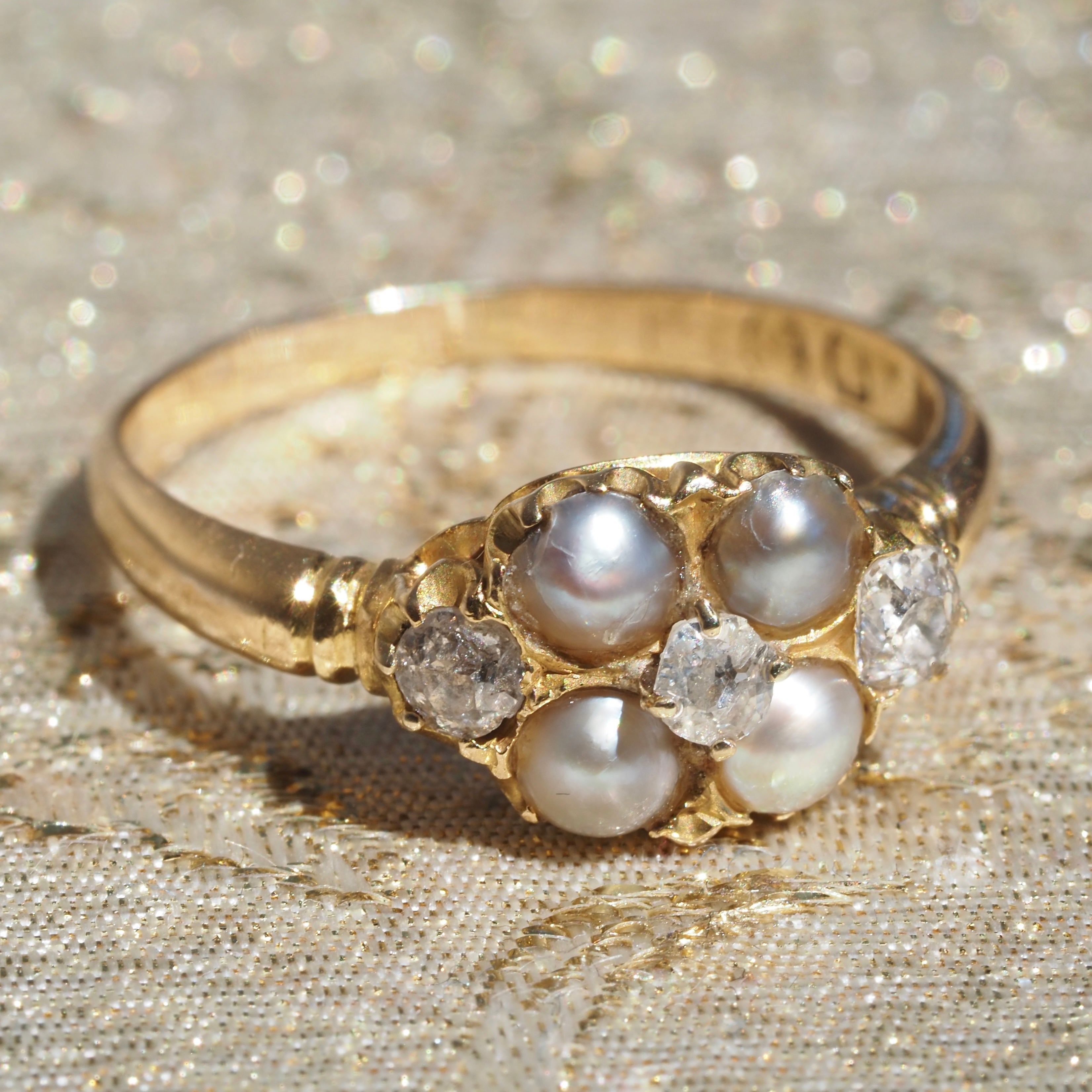 Early Victorian English Natural Grey Pearl Old Mine Cut Diamond Cluster 18k Gold Ring