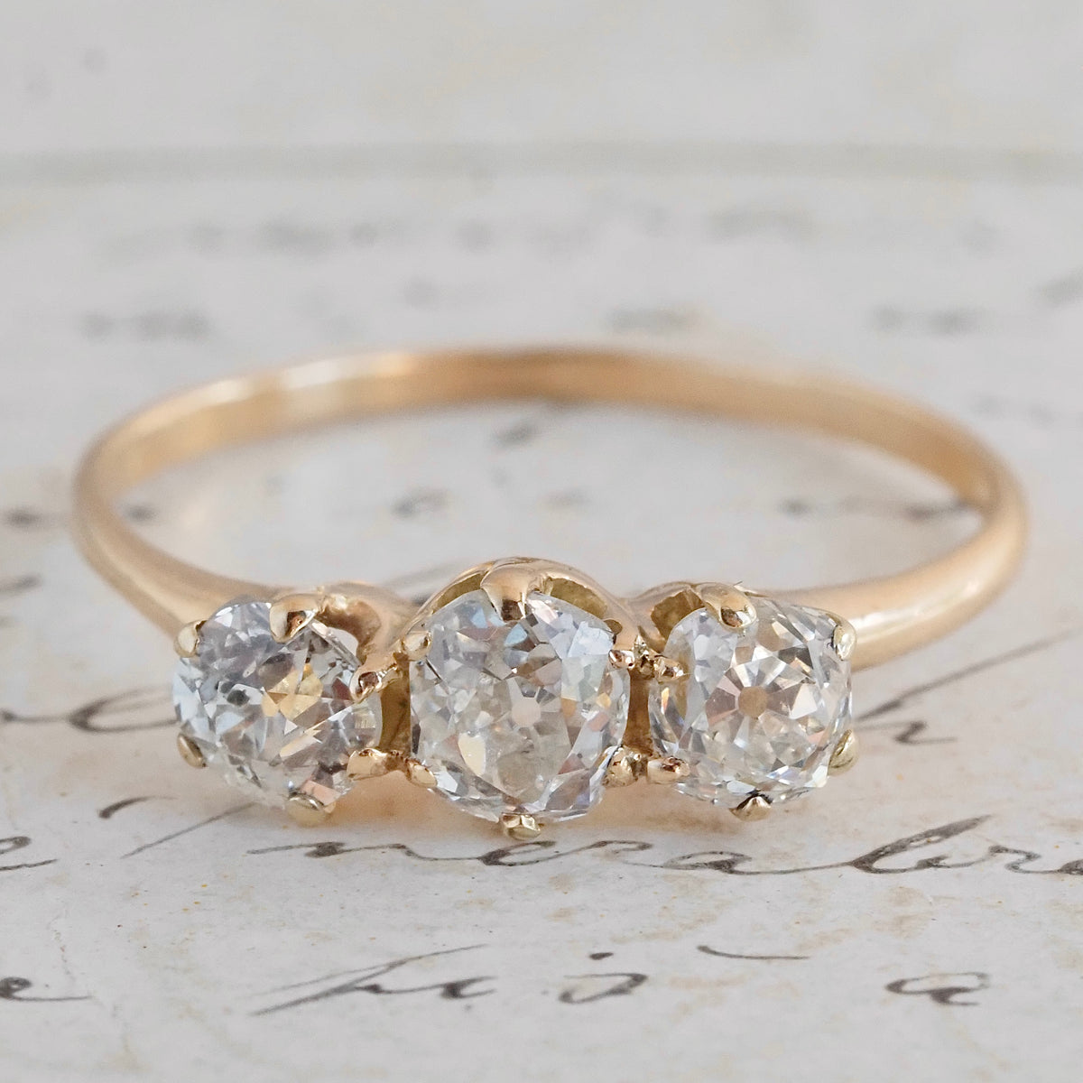 Antique Trilogy Old Mine Cut Diamond 14k Gold Engagement Ring