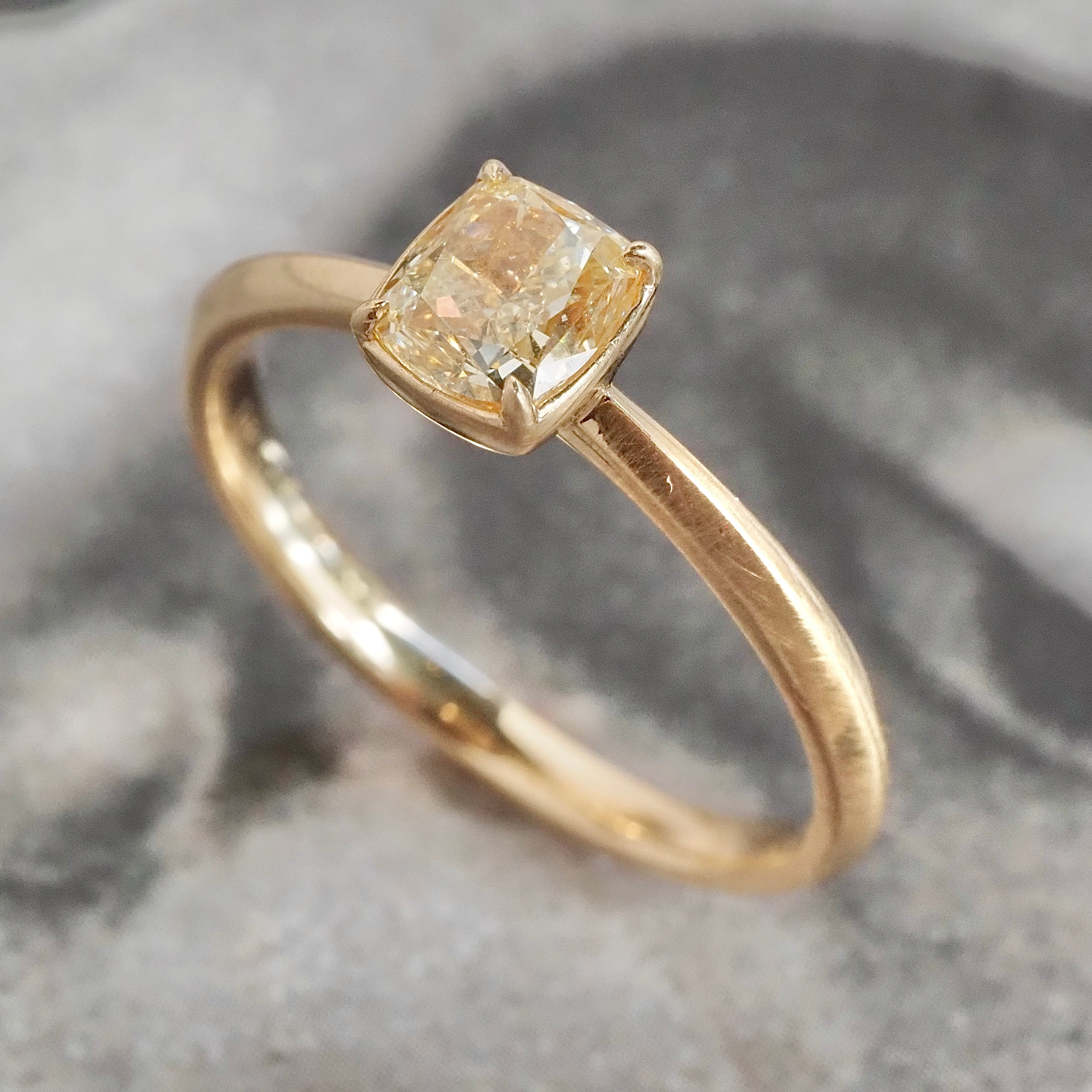 Yellow Cushion Brilliant Cut Diamond 14k Gold Knife Edge Set Solitaire Engagement Ring
