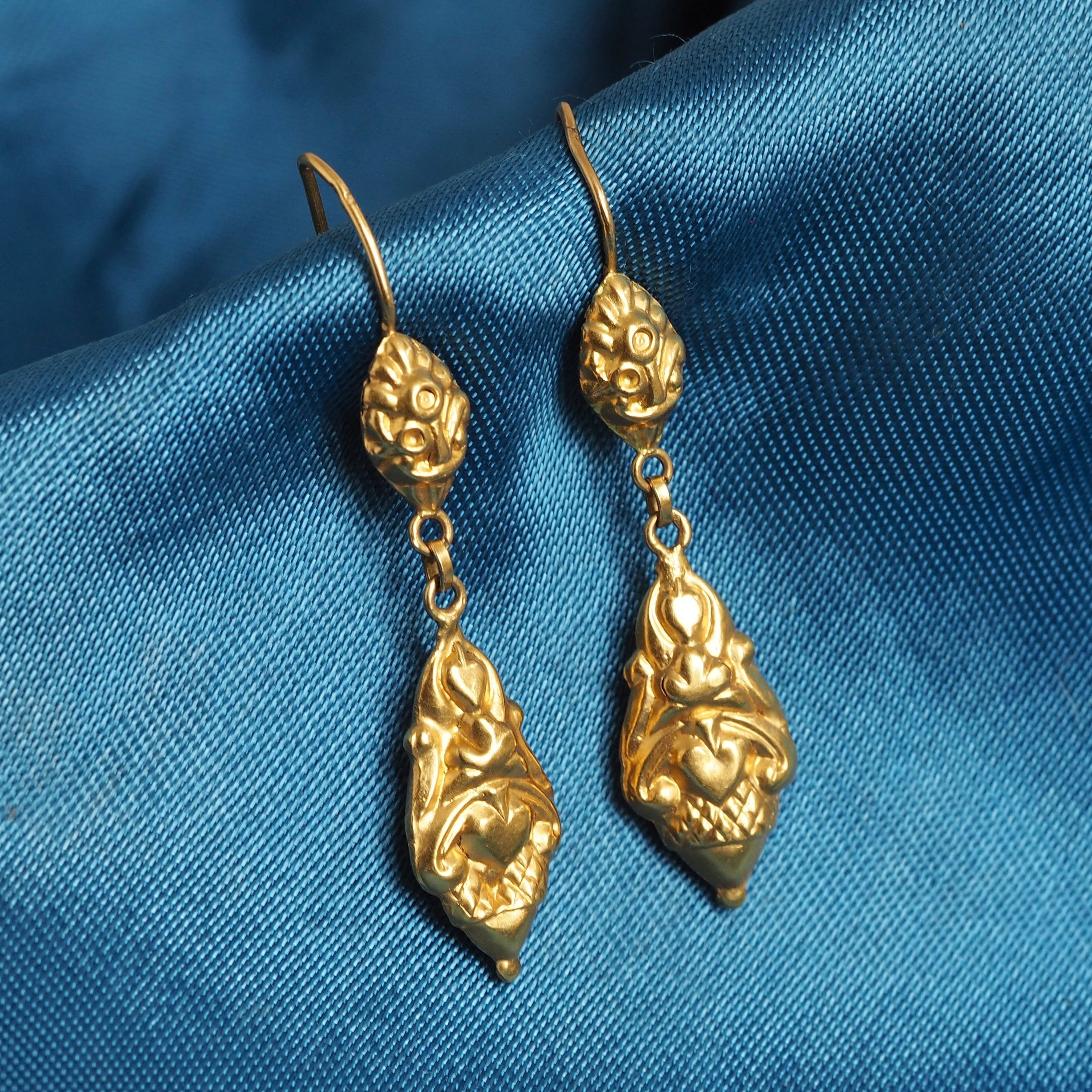 Antique Portuguese 19k Gold Repoussé Drop Earrings