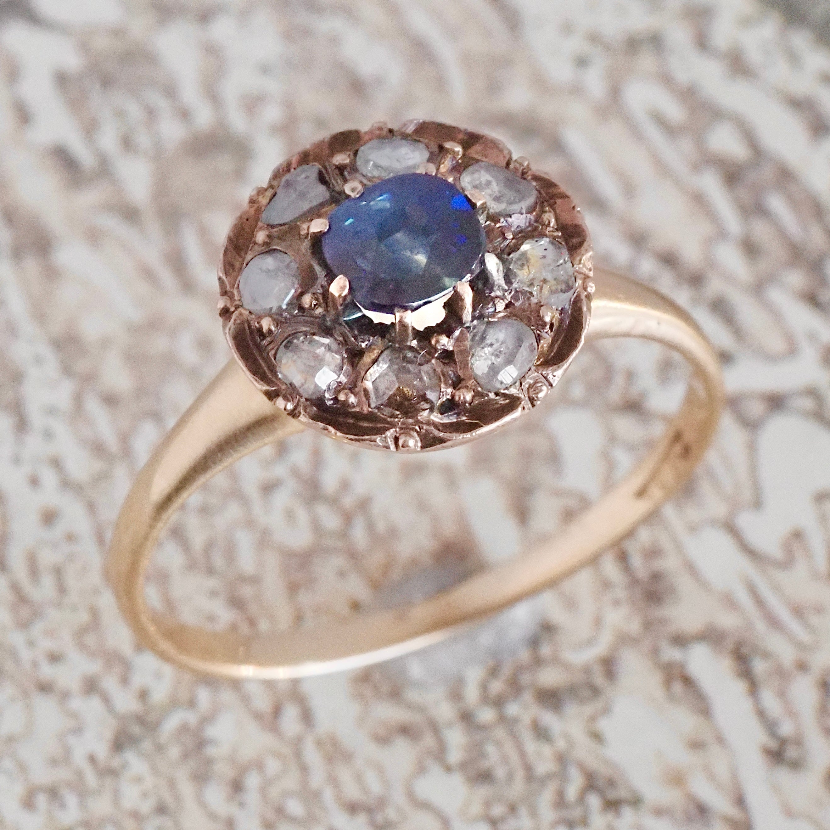 Antique Victorian Natural Sapphire and Rose Cut Diamond Halo 14k Gold Ring