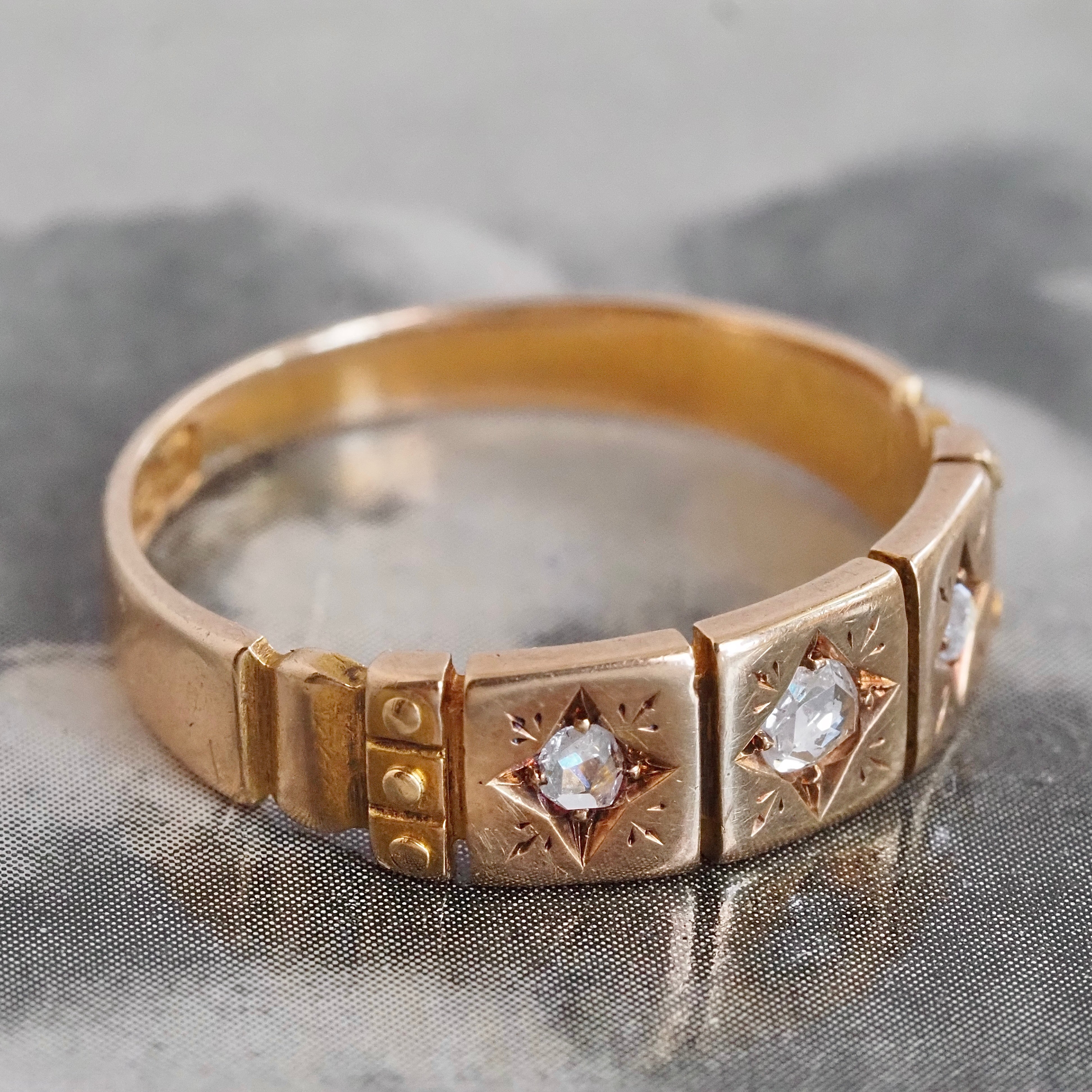 Antique Victorian English c. 1894 Rose Cut Diamond Trilogy 15k Gold Panel Ring