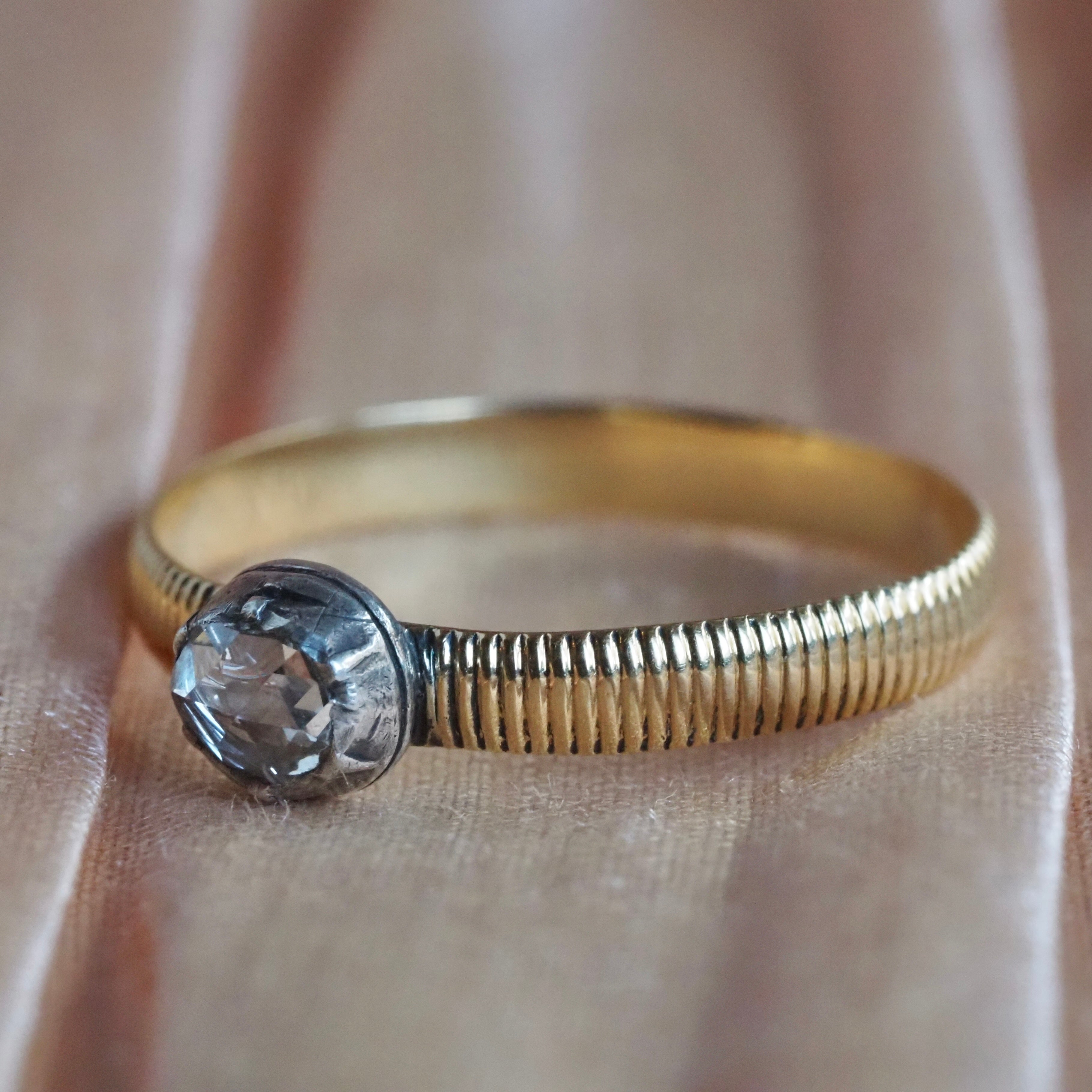 Antique Dutch Foil Back Rose Cut Diamond Sterling Silver and 18k Gold Ring