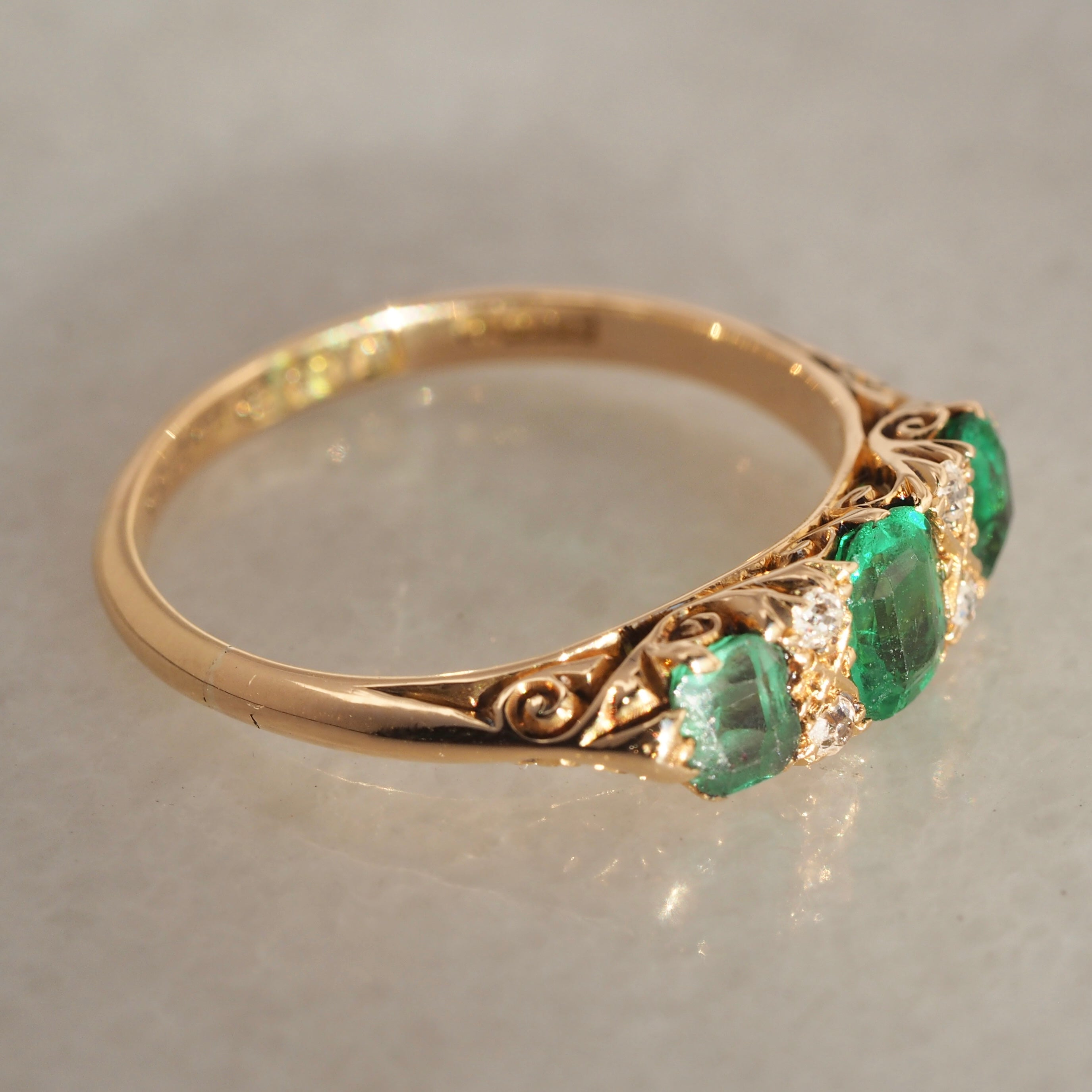 Antique Edwardian English 18k Gold Emerald and Old Mine Cut Ring