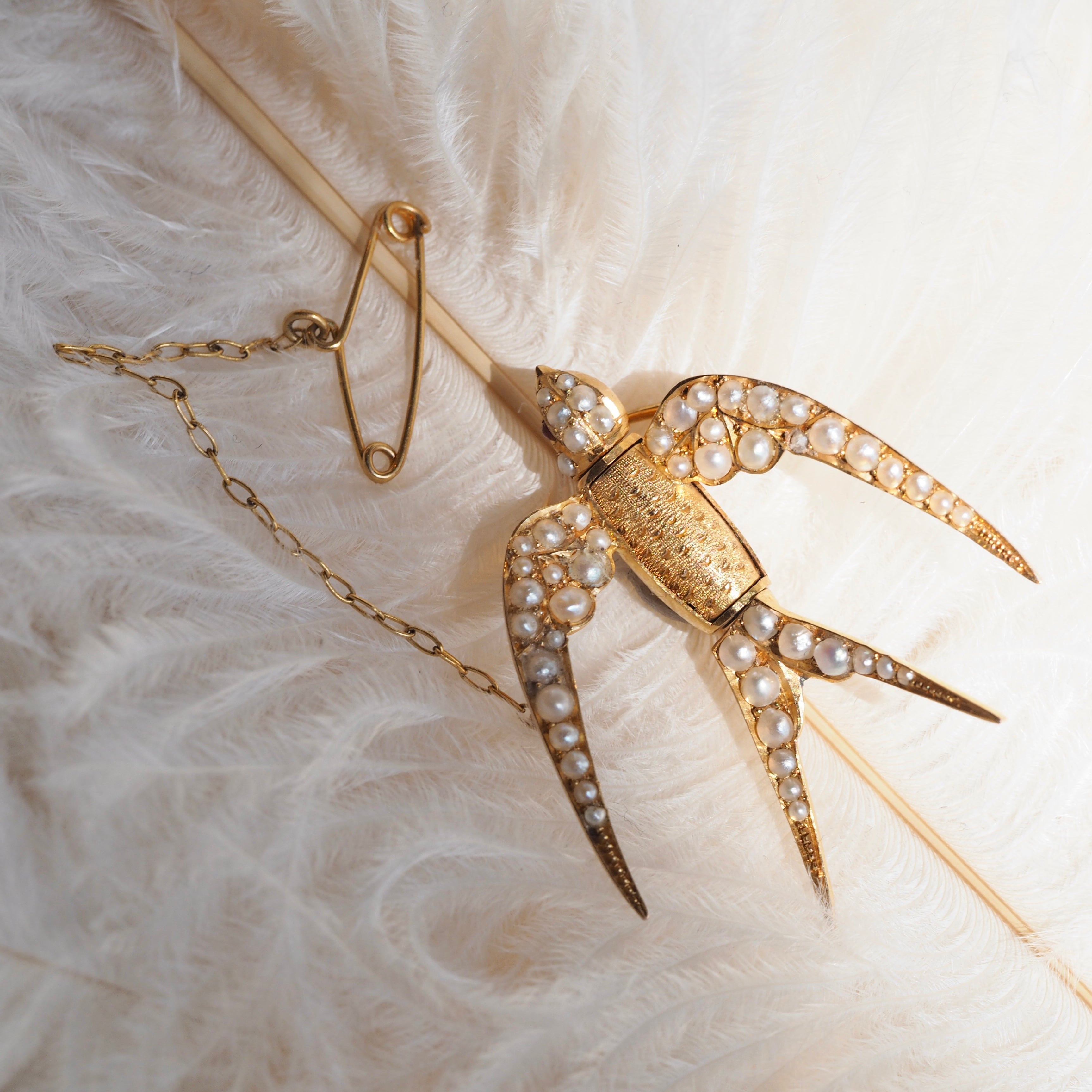 Antique Victorian 14k Gold Seed Pearl Swallow Pin