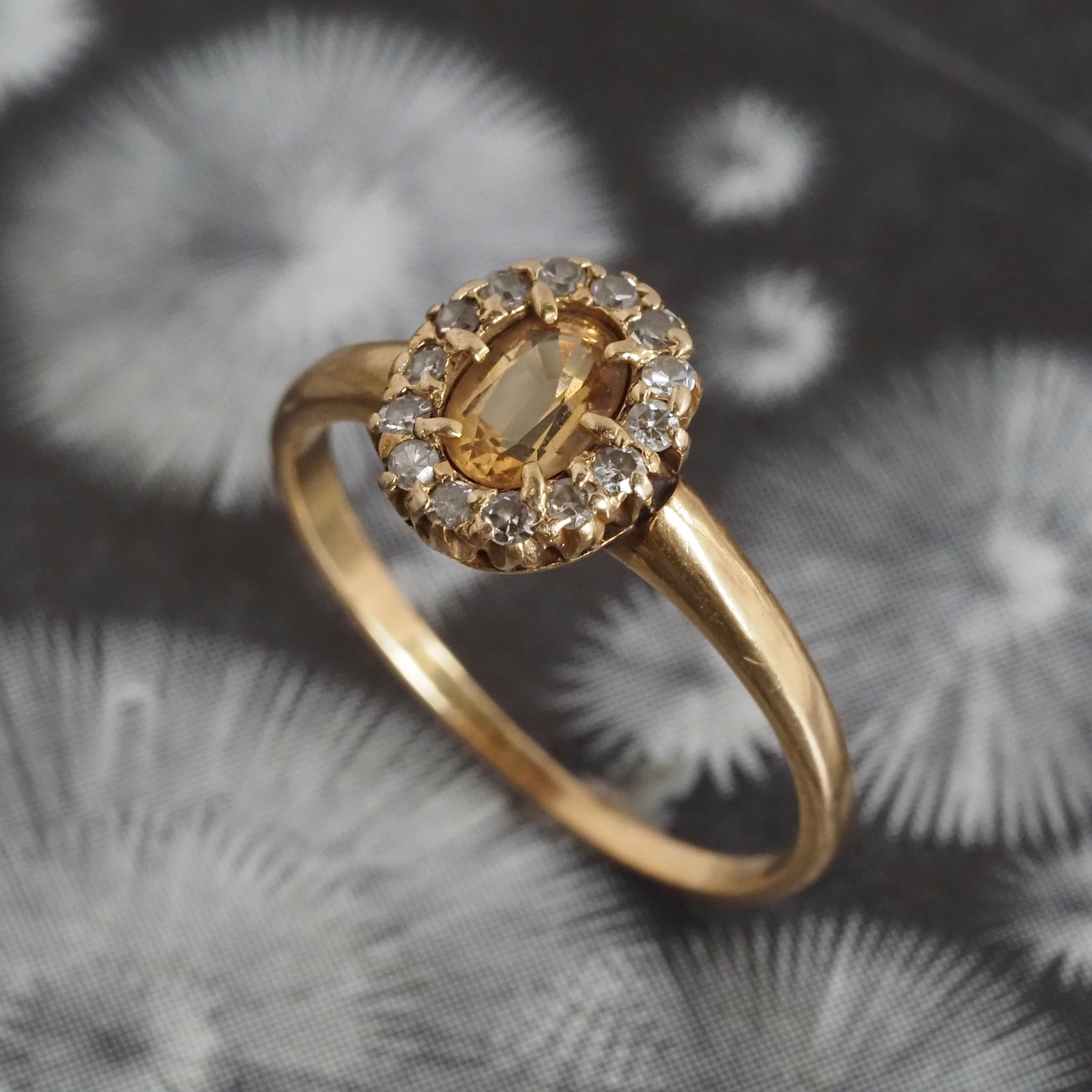 Antique Yellow Topaz and Diamond Halo 18k Gold Ring