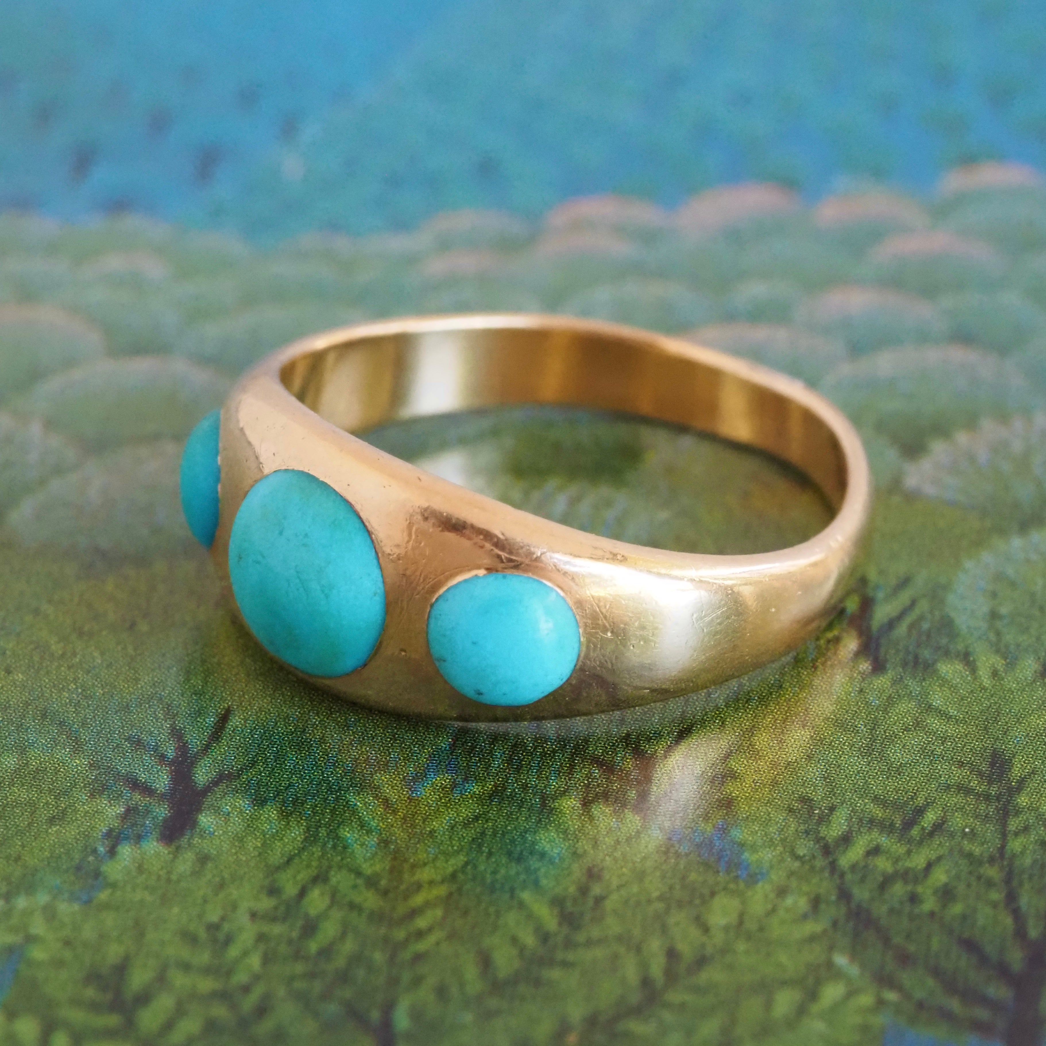 Antique Victorian Turquoise Flush Set Trilogy 18k Gold Ring