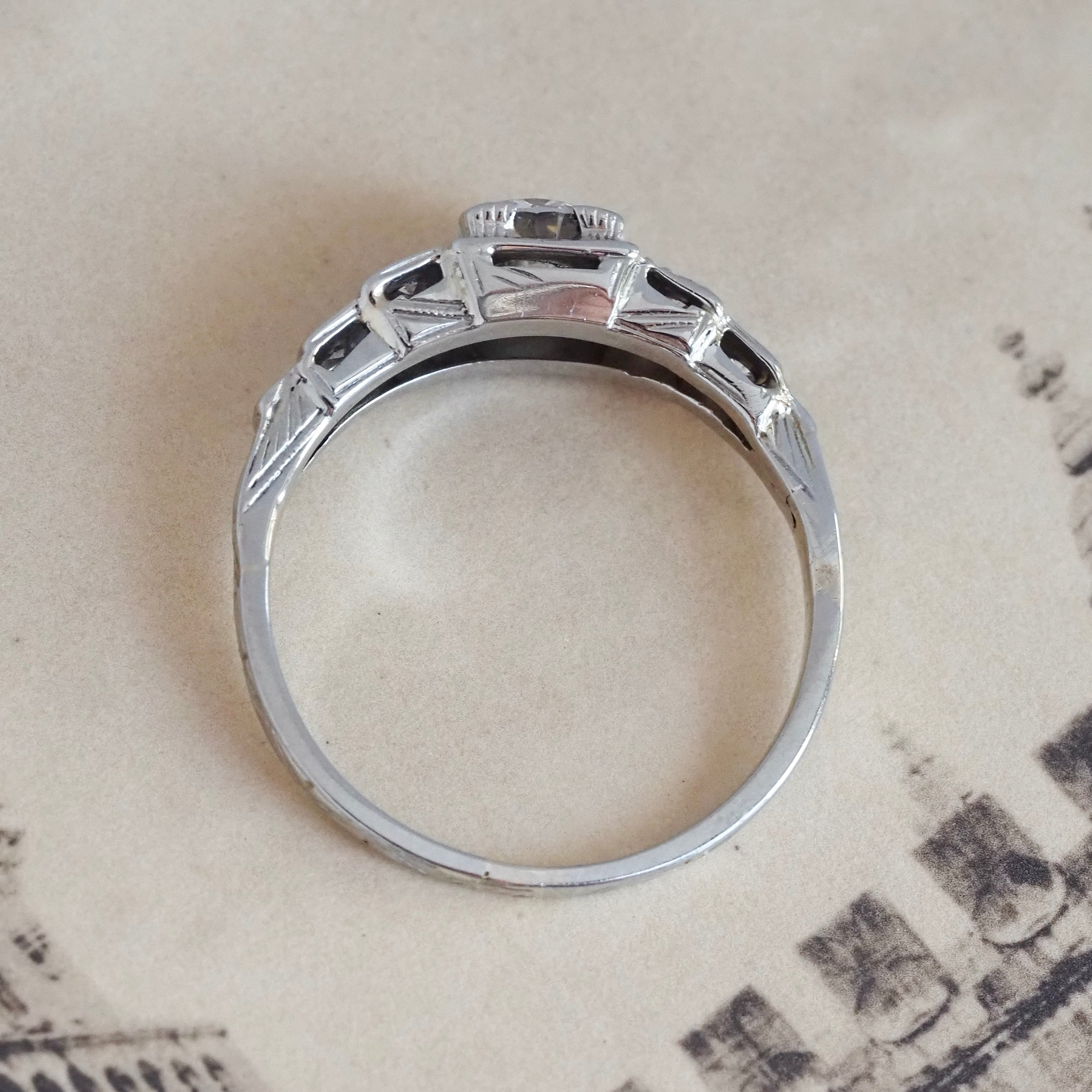 Antique Art Deco 14k White Gold Transitional Cut Diamond Step Ring
