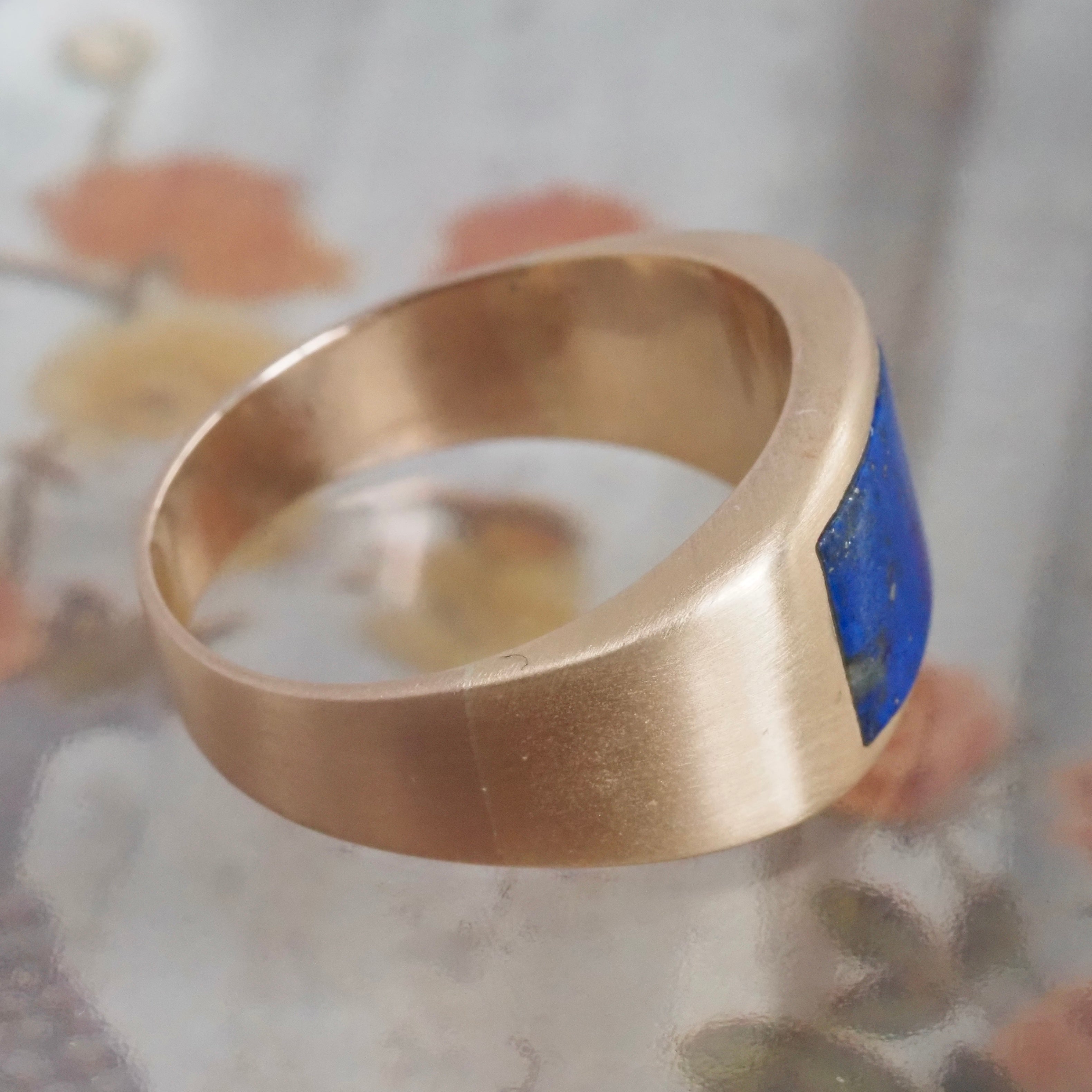 Vintage Inlaid Lapis Brushed 14k Gold Ring