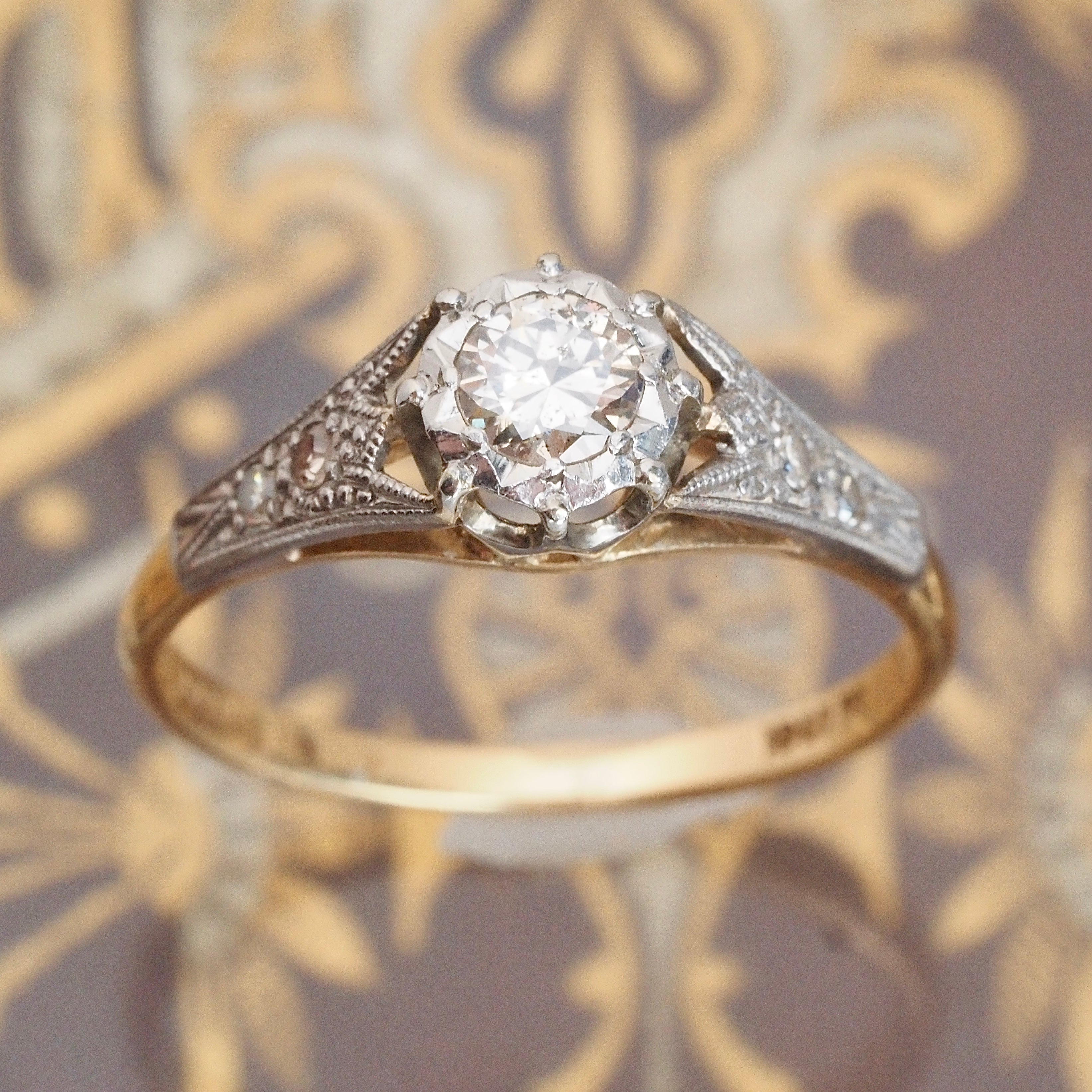 Antique Edwardian 18k White and Yellow Gold Transitional Cut Diamond Solitaire Engagement Ring
