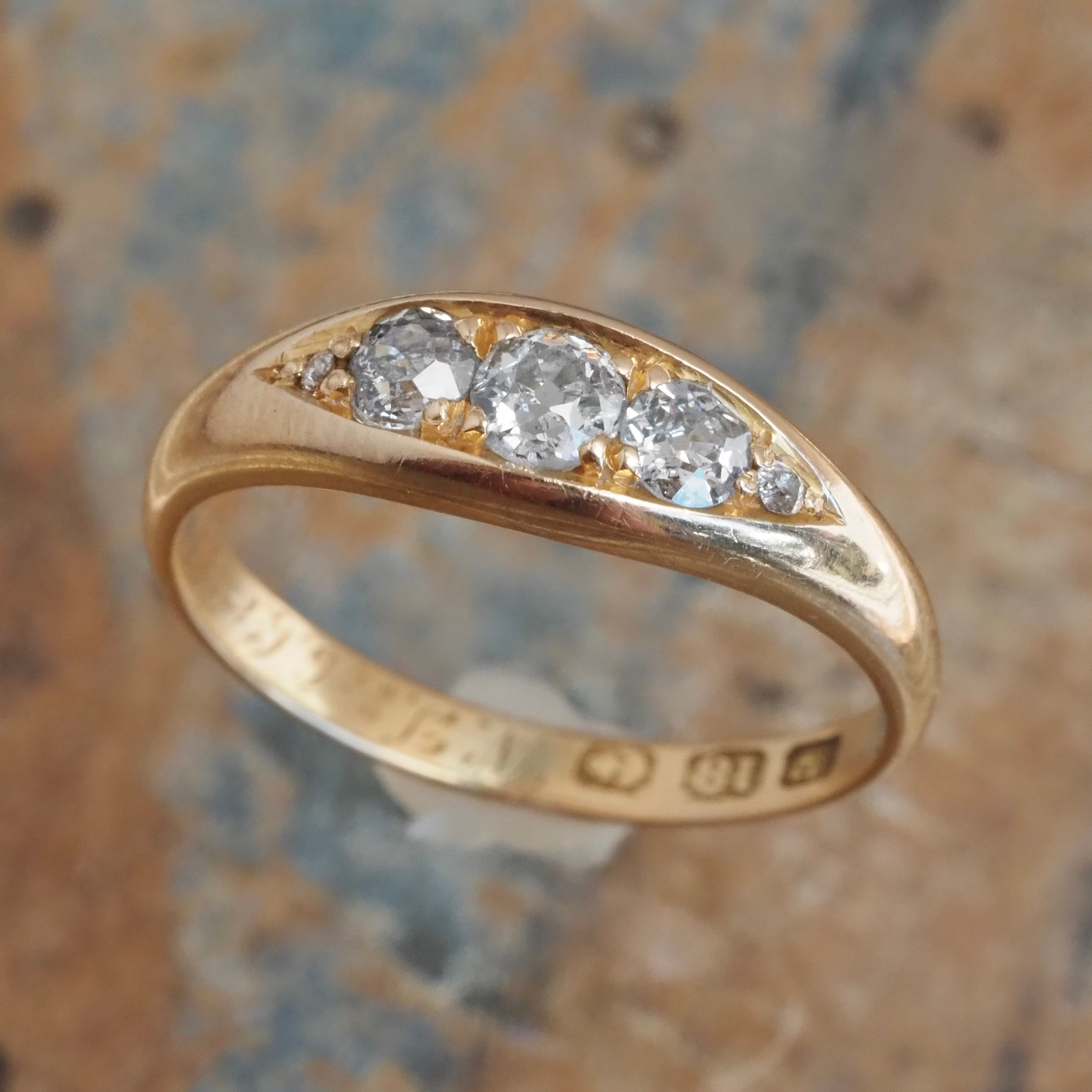 Antique English c. 1902 Old Mine Cut Diamond Five Stone 18k Gold Boat Engagement Ring