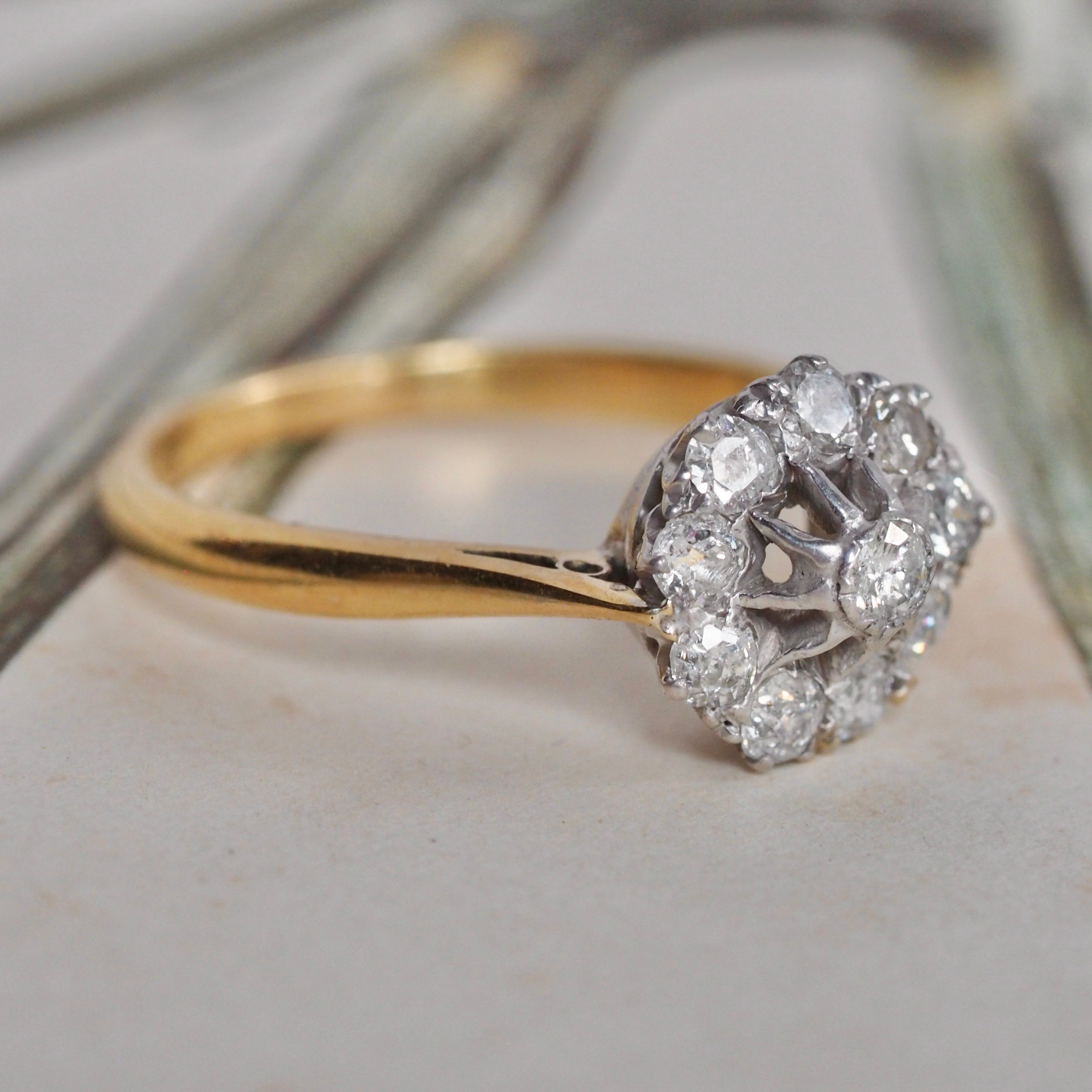 Antique Old Mine Cut Diamond Cluster 18k Gold and Platinum Engagement Ring