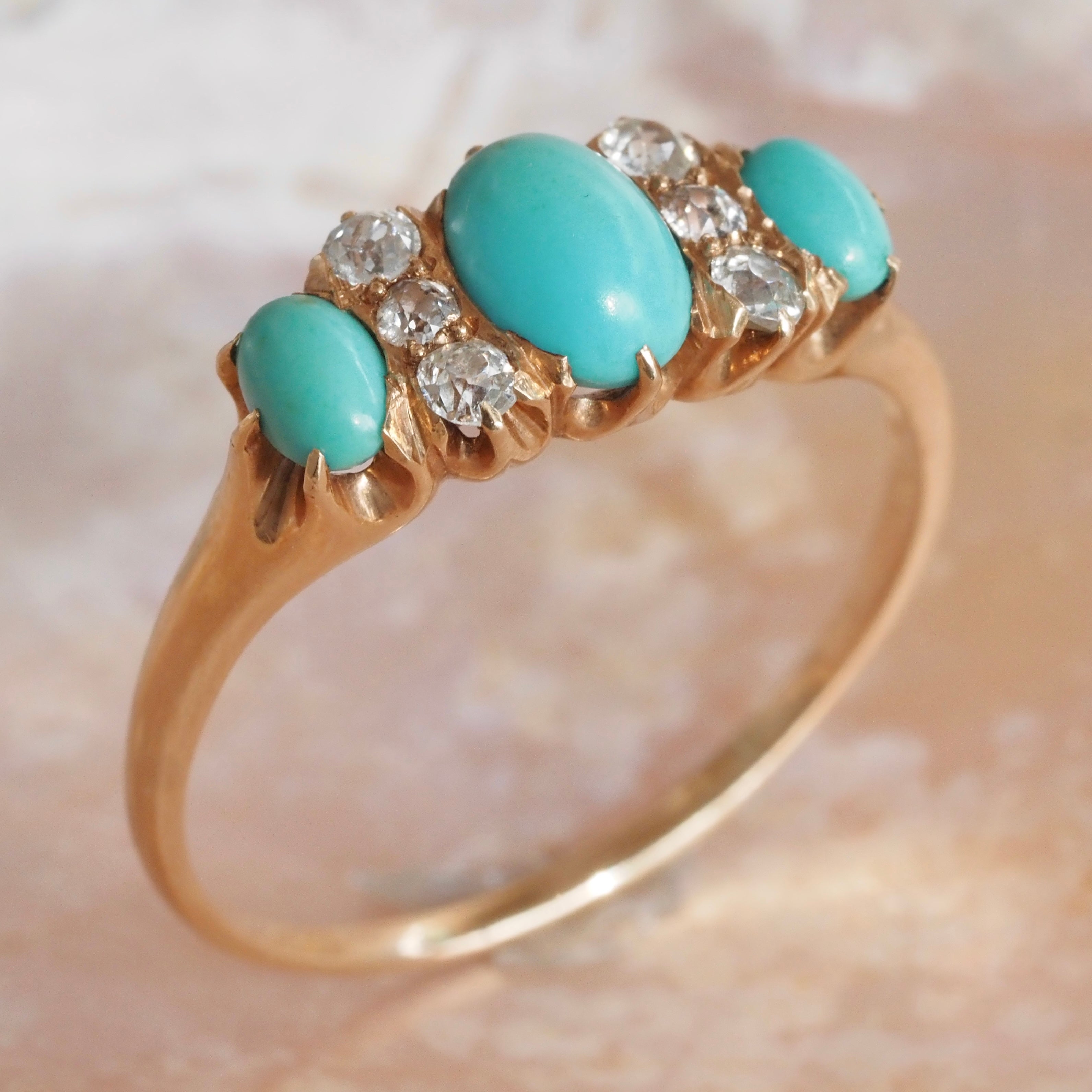 Antique Art Nouveau Turquoise and Diamond 14k Gold Ring