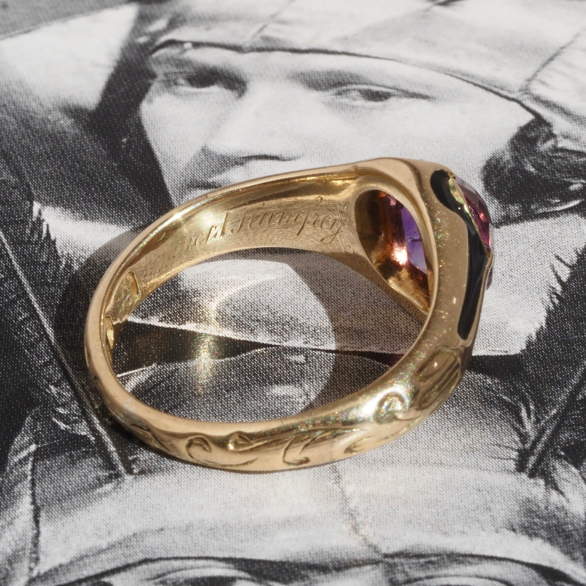 Antique c. 1844-45 Victorian English Amethyst and Black Enamel 14k Gold Ring