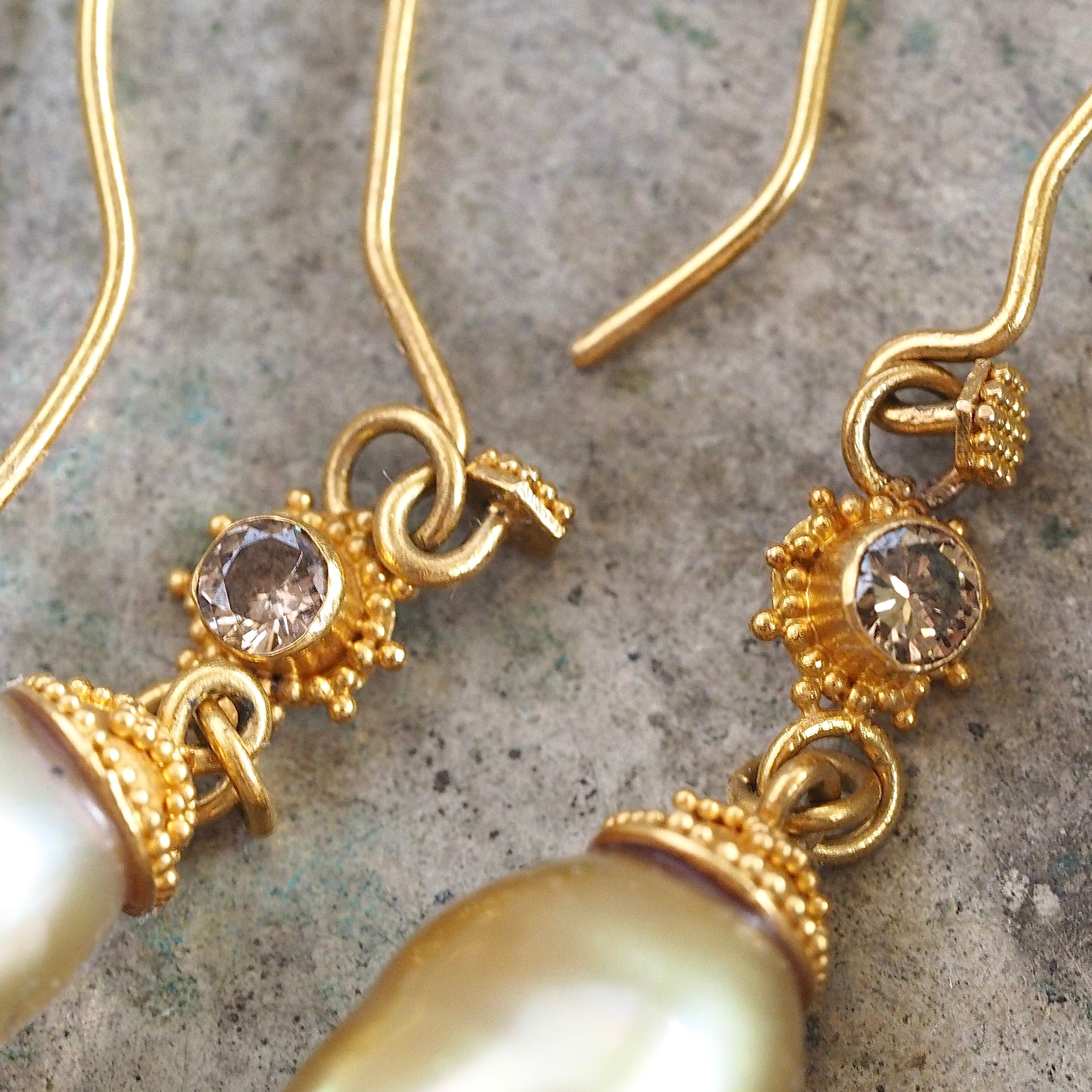 Vintage 21k Gold Baroque Pearl and Brown Diamond Earrings
