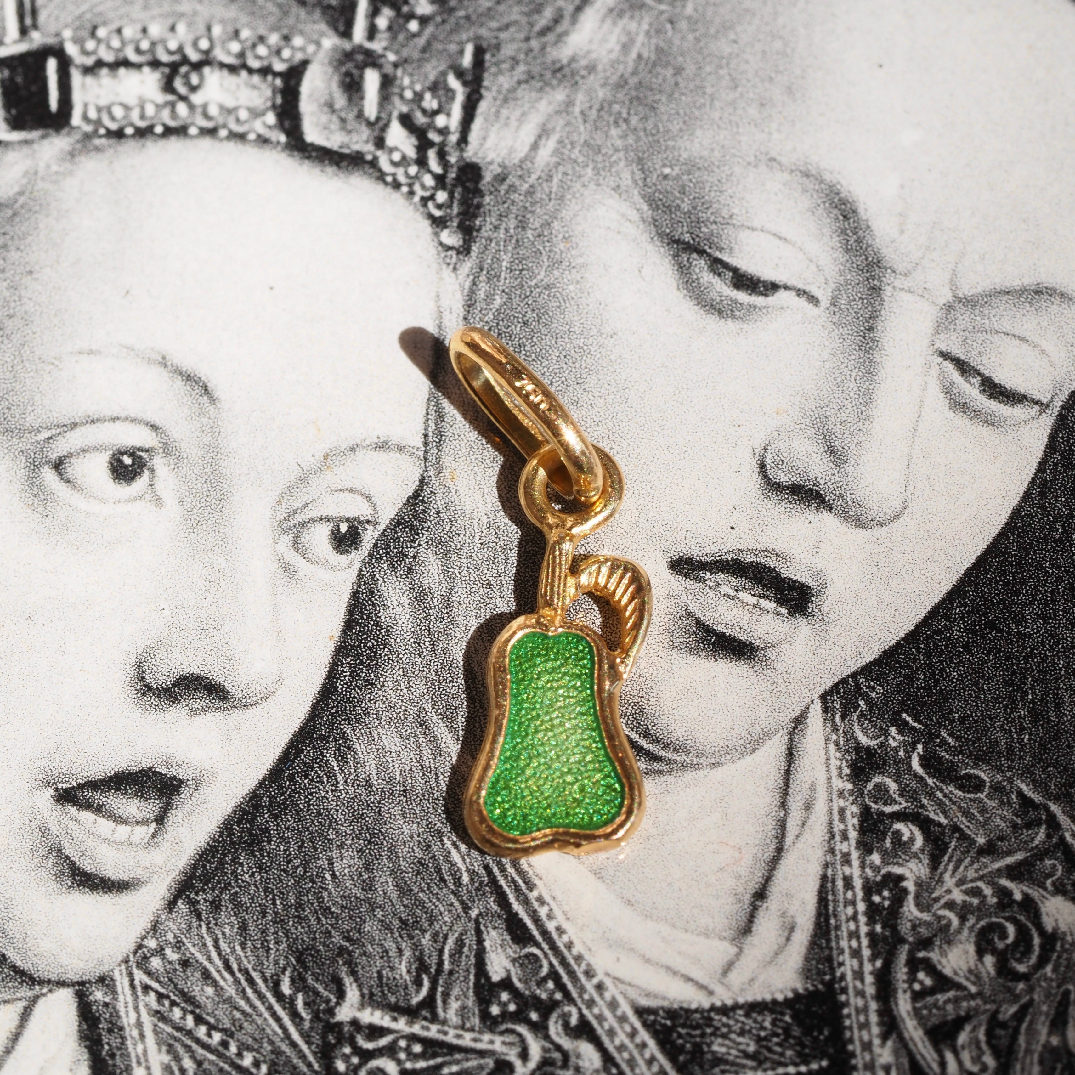 Vintage Italian Pear Green & Red Enamel 18K Gold Charm