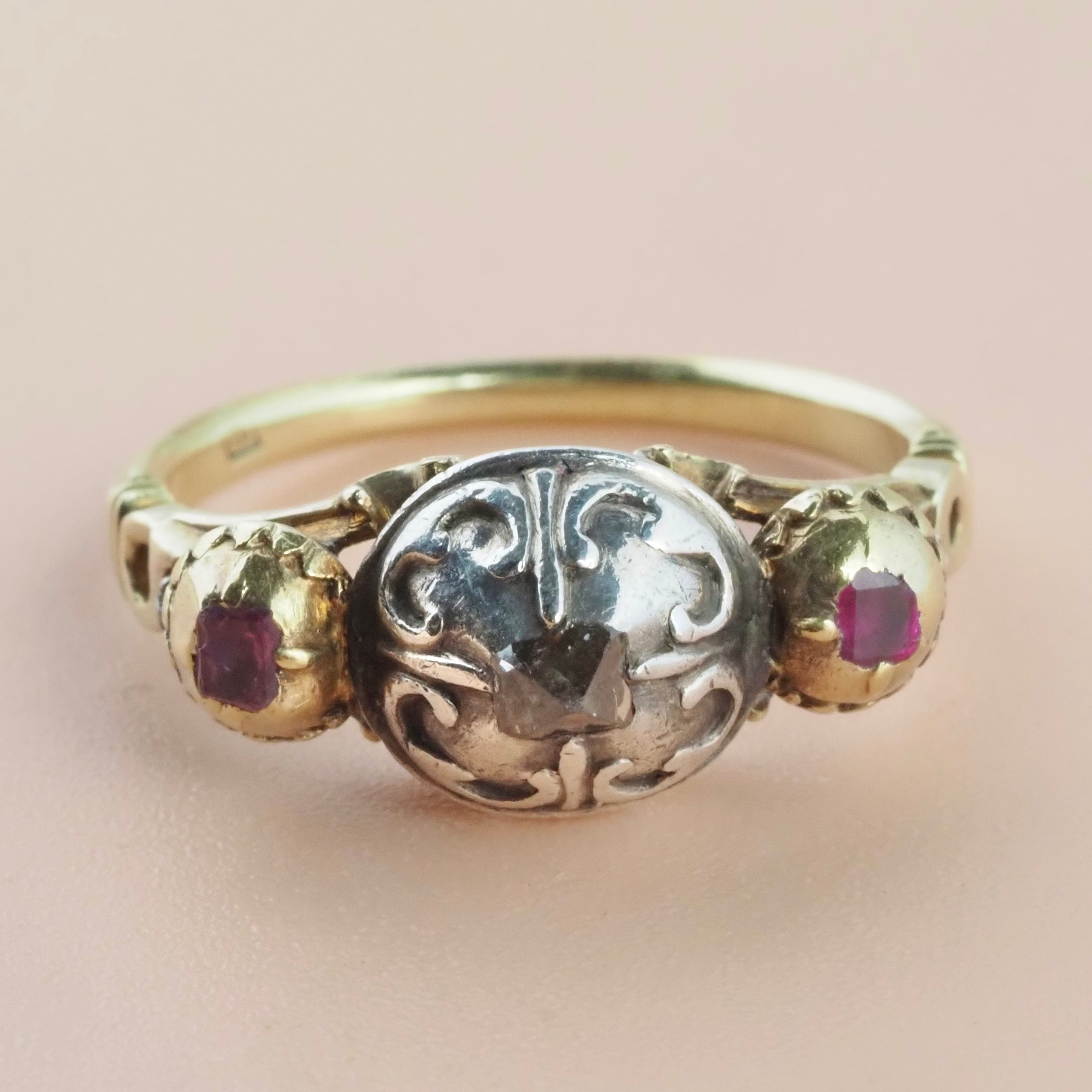 Antique Late 17th Century Baroque 18k Gold and Sterling Silver Point Cut Diamond and Table Cut Ruby Ring