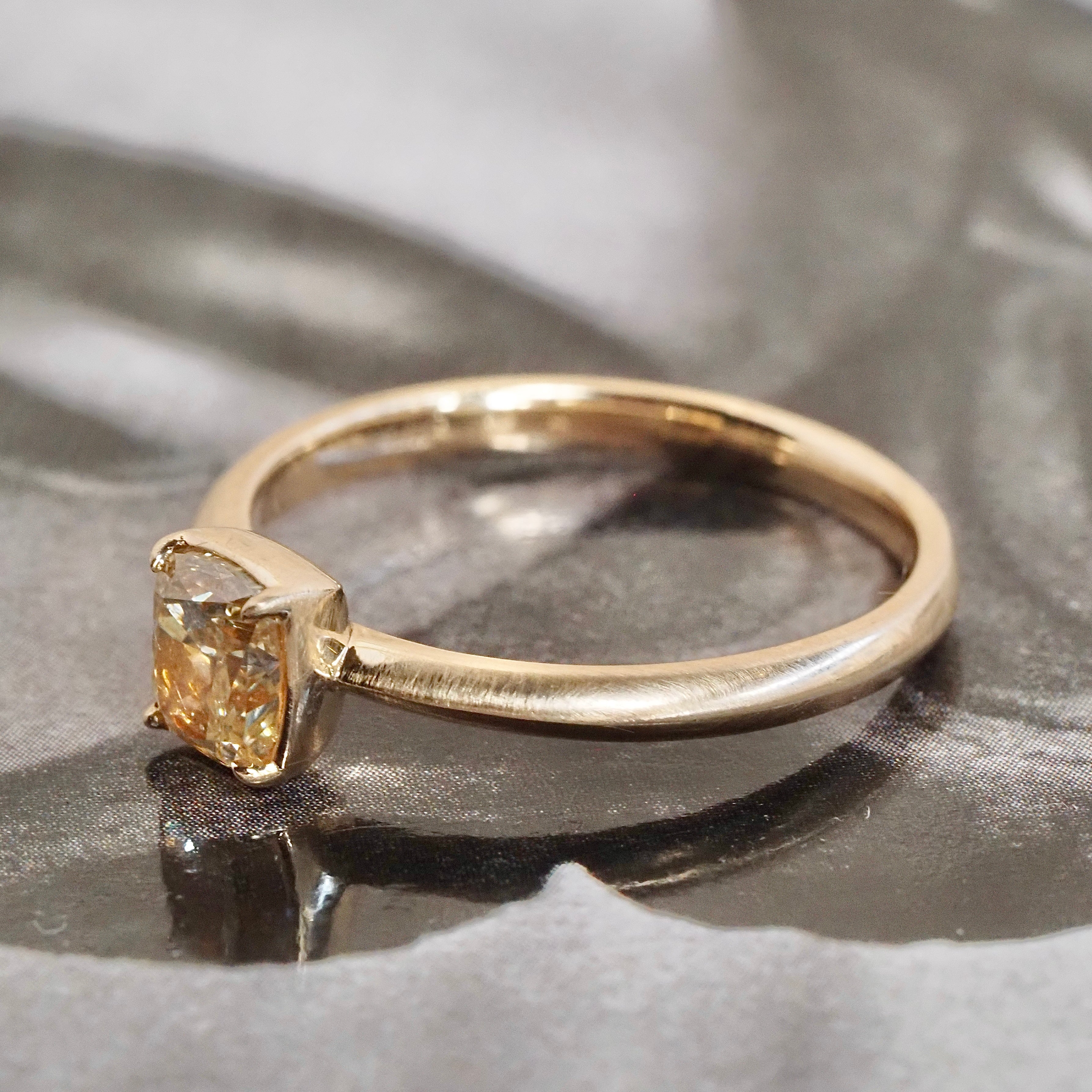 Yellow Cushion Brilliant Cut Diamond 14k Gold Knife Edge Set Solitaire Engagement Ring