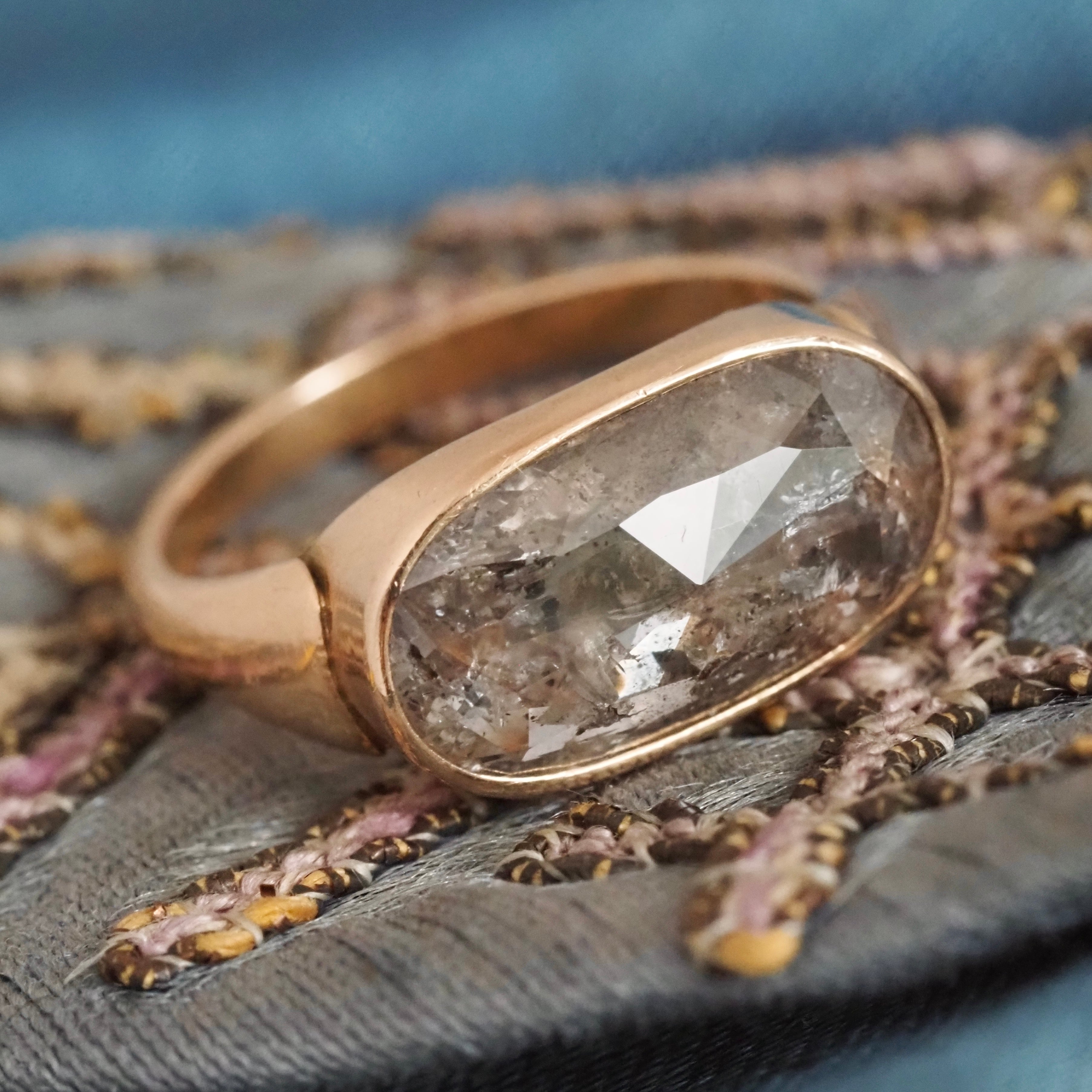 East West Salt and Pepper Rose Cut Diamond Solitaire 14k Gold Engagement Ring