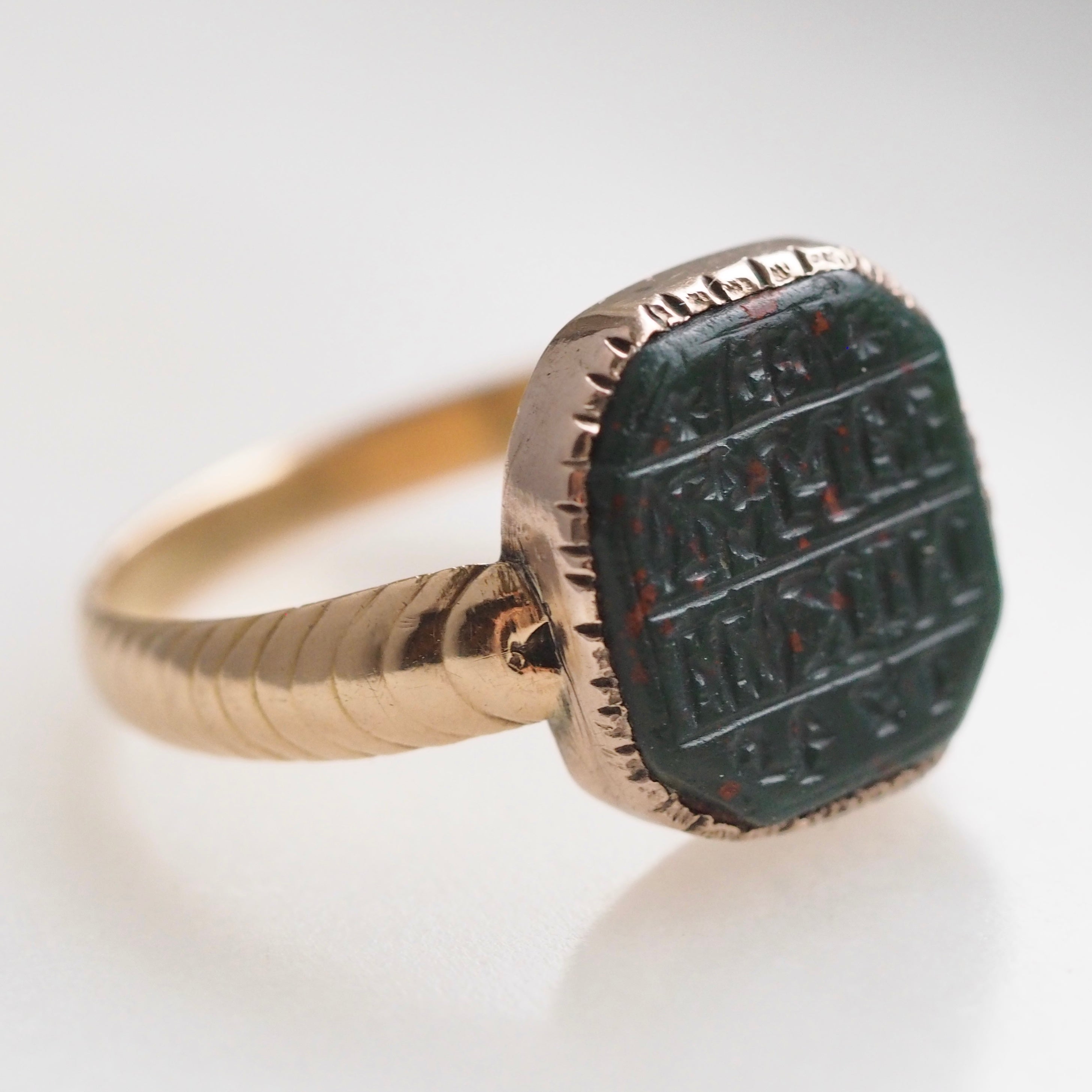 Antique 14k Gold Signet Ring with c. 1749 Cyrillic Bloodstone Intaglio