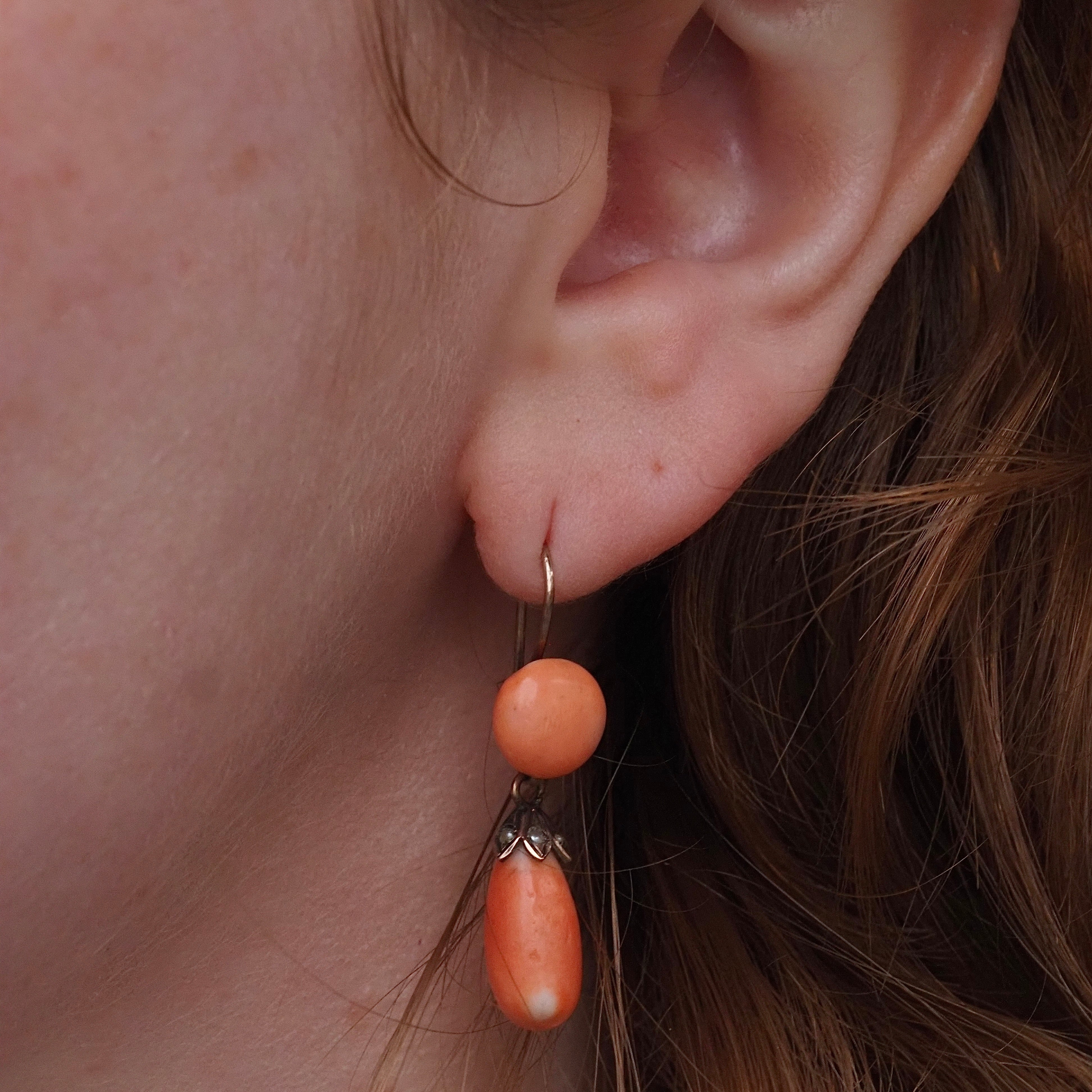 Antique Victorian Coral Pearl 10k Gold Drop Earrings