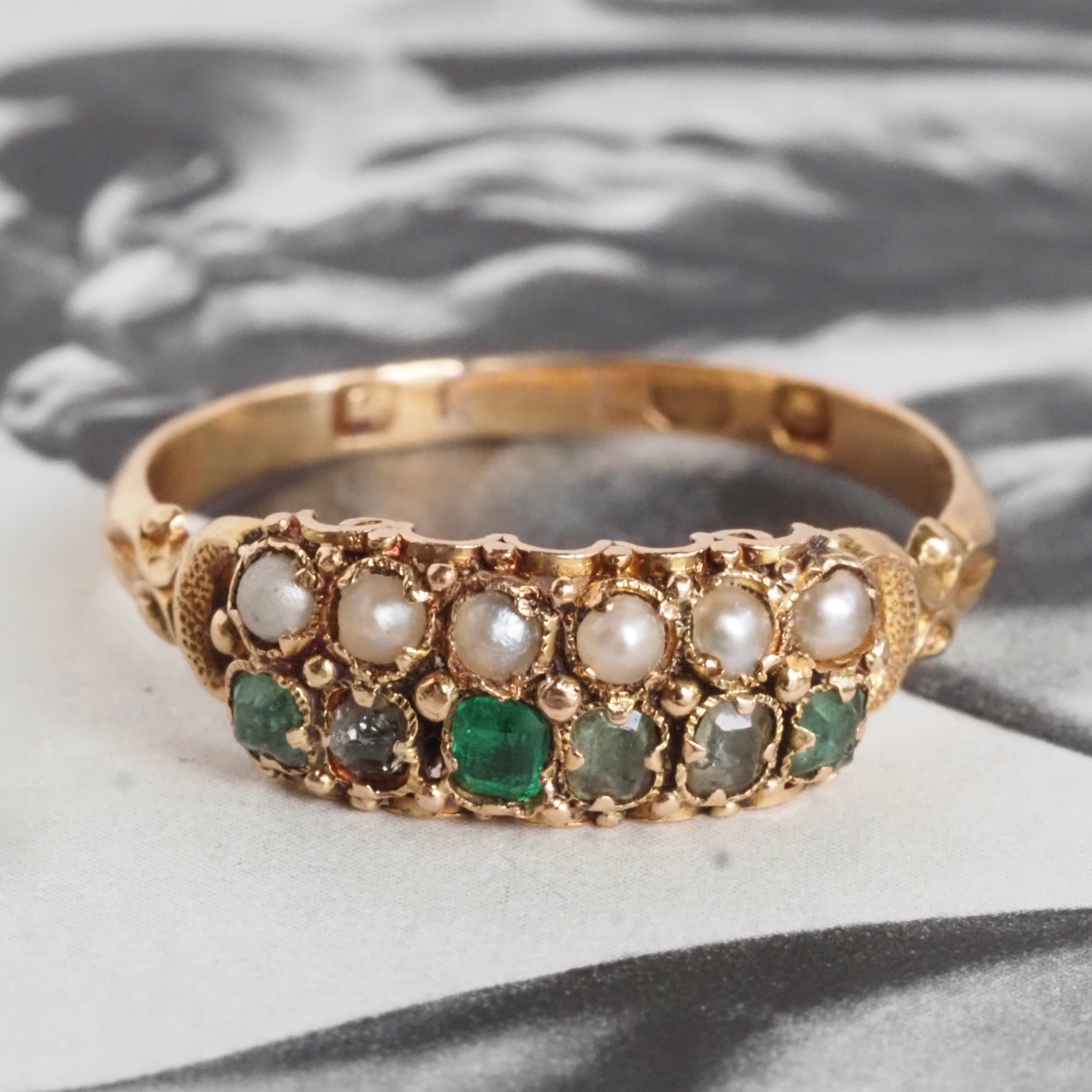 Antique English Victorian Emerald and Paste Seed Pearl 18k Gold Ring