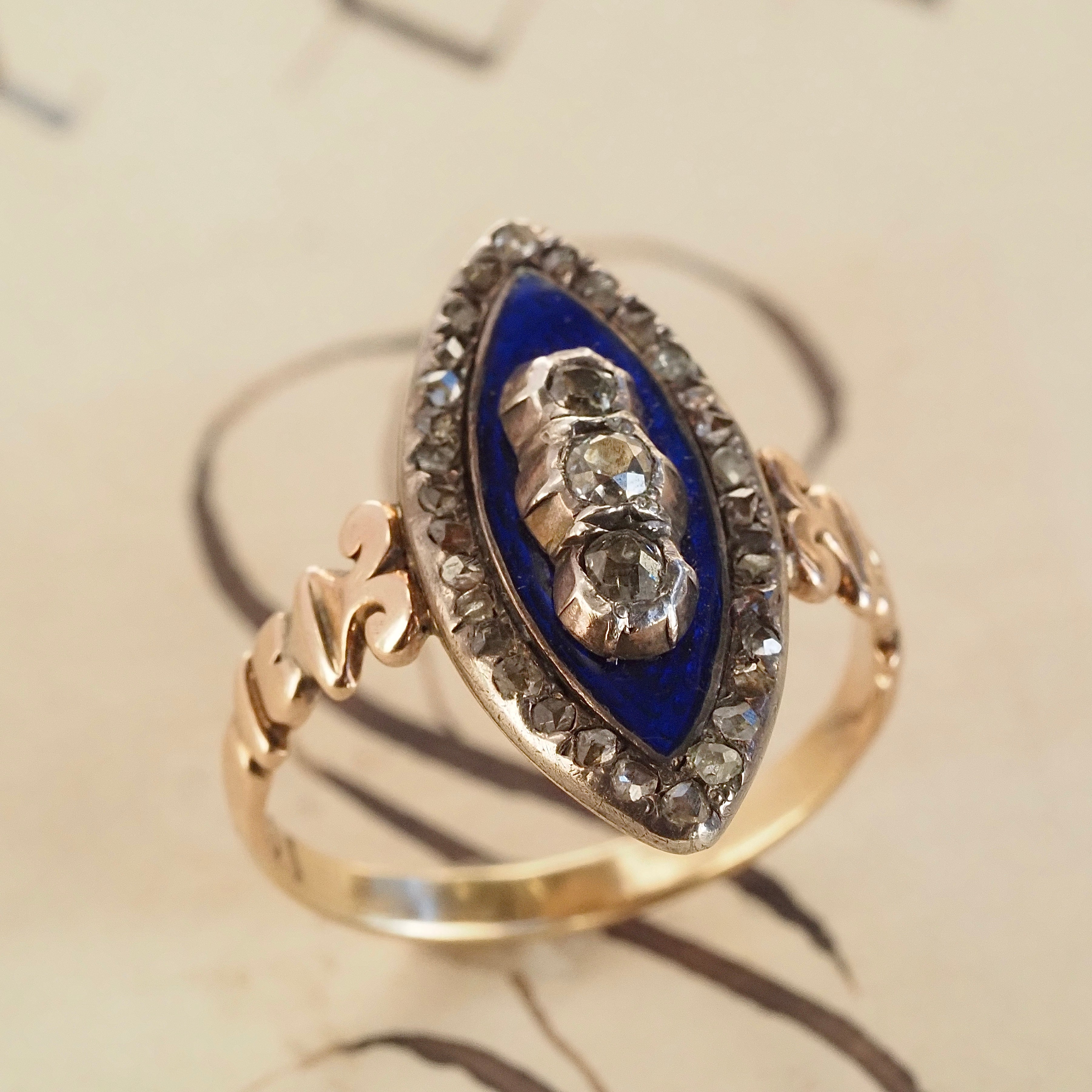 Antique Georgian "Bague au Firmament" Ring of the Heavens Rose Cut Diamond Midnight Enamel 15k Gold & Silver Navette Ring