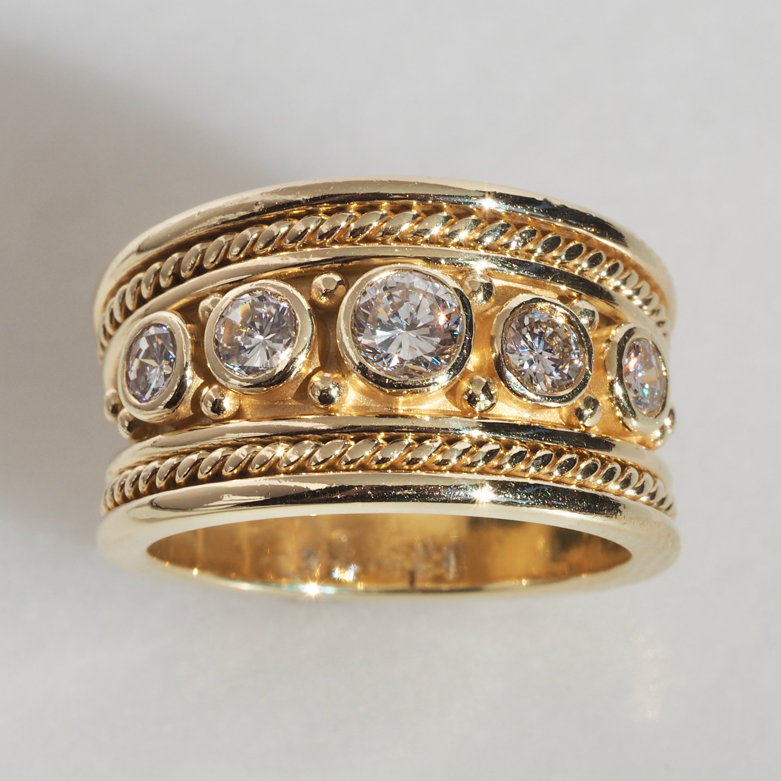 Vintage Byzantine Revival 18k Gold Five Stone Diamond Ring