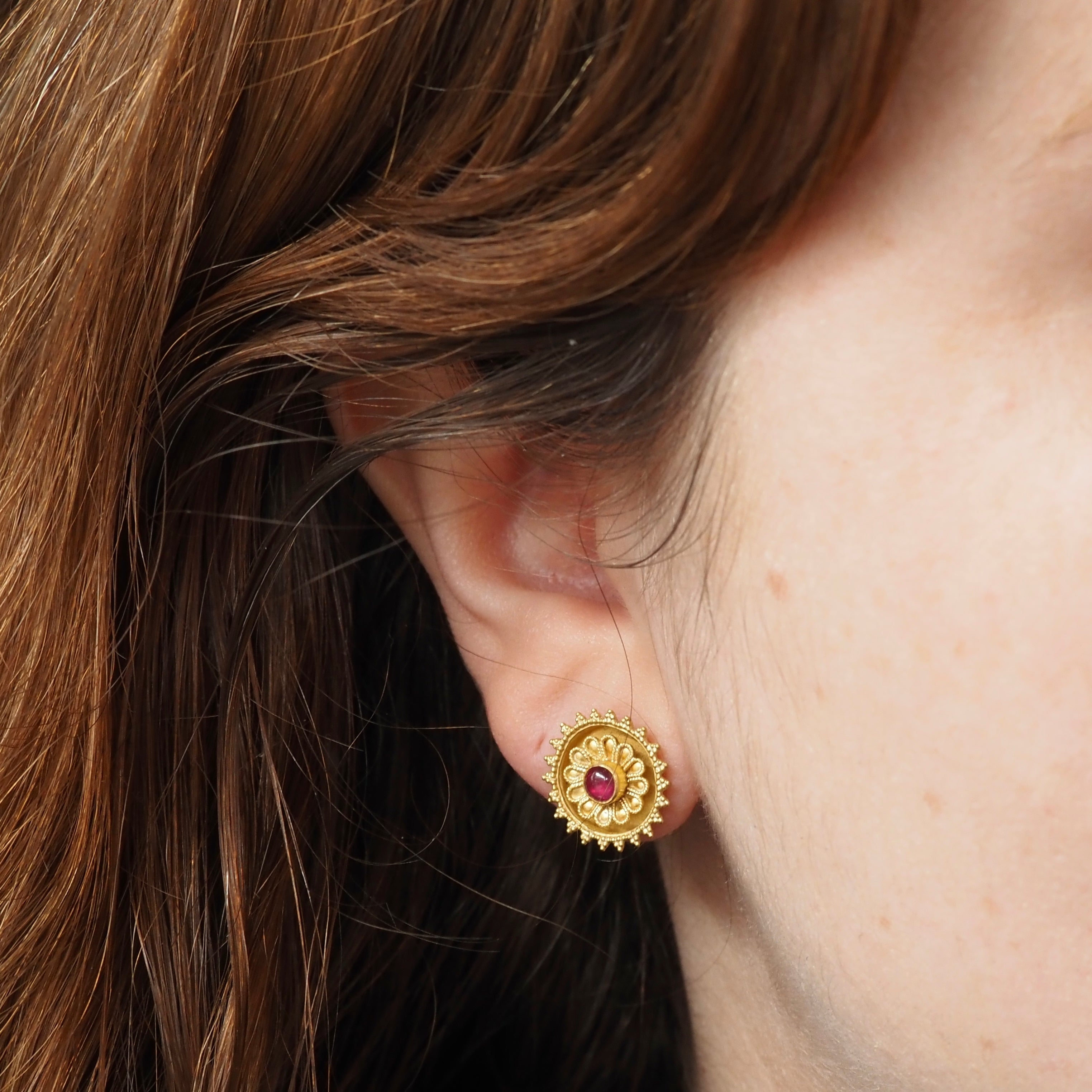 Vintage Lalaounis Etruscan Revival Cabochon Ruby 18k Gold Disc Earrings