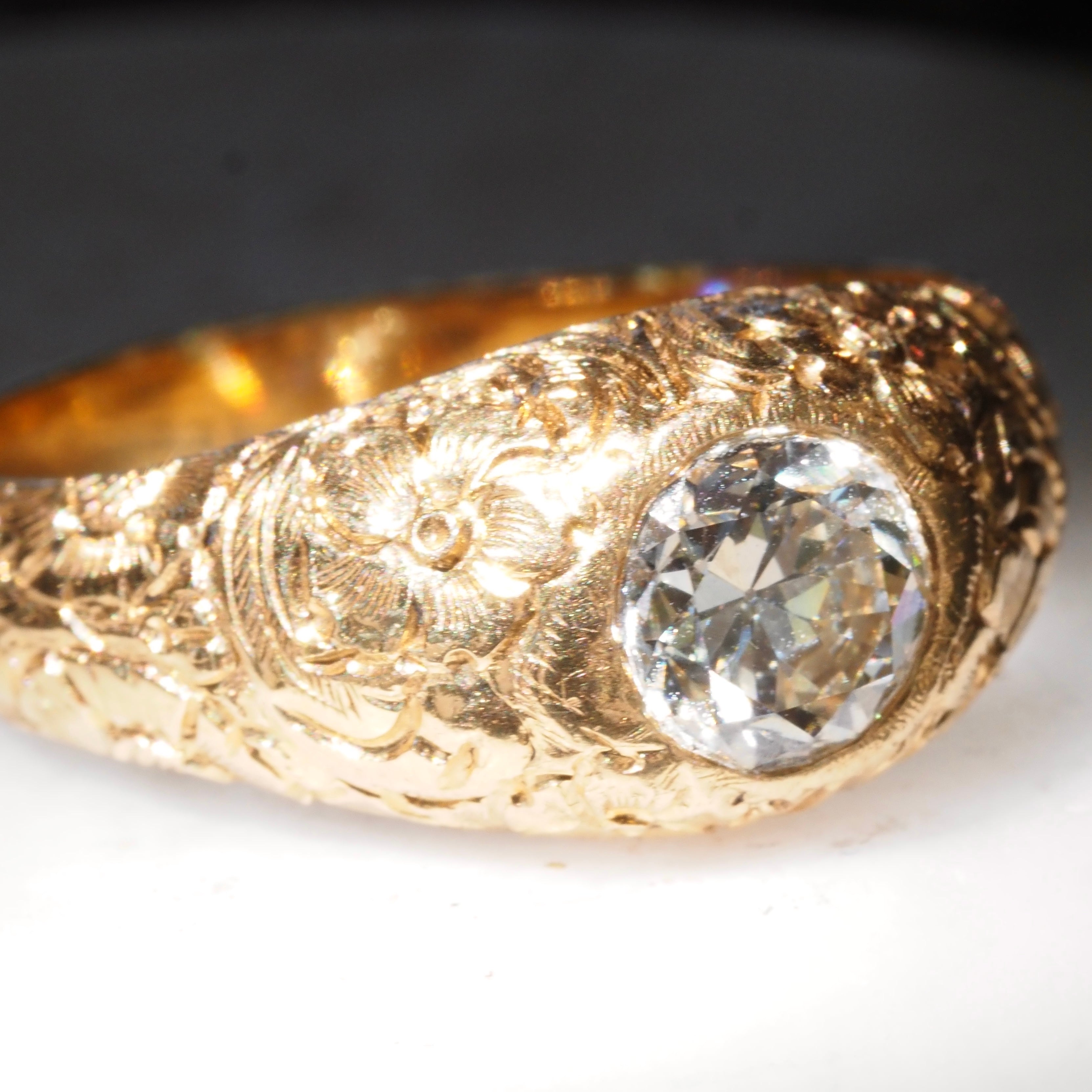 Vintage Portuguese Floral Engraved 19k Gold 1.26ct Old European Cut Diamond Ring