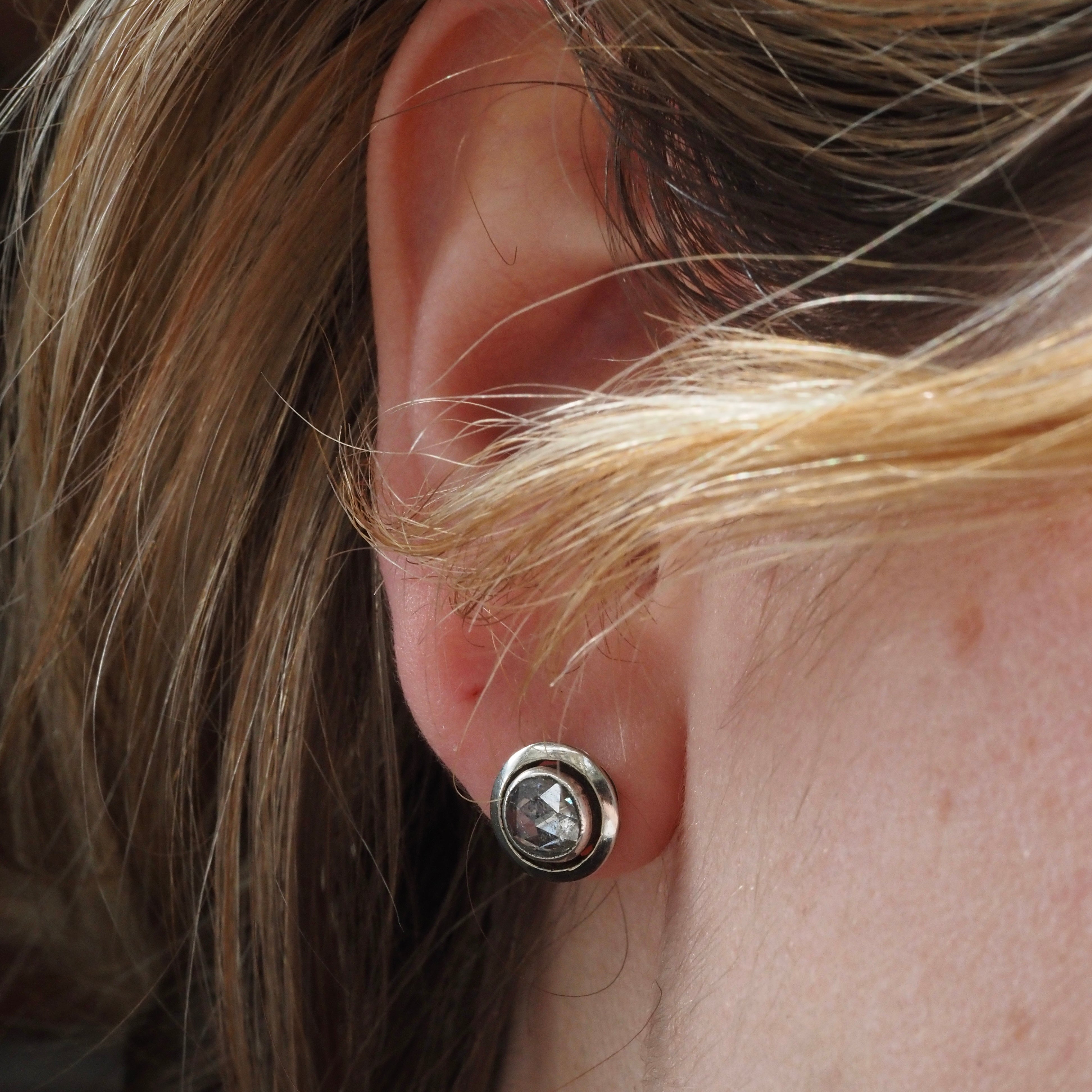 Antique Turn of the Century Rose Cut Diamond 14k Gold and Sterling Silver Stud Earrings
