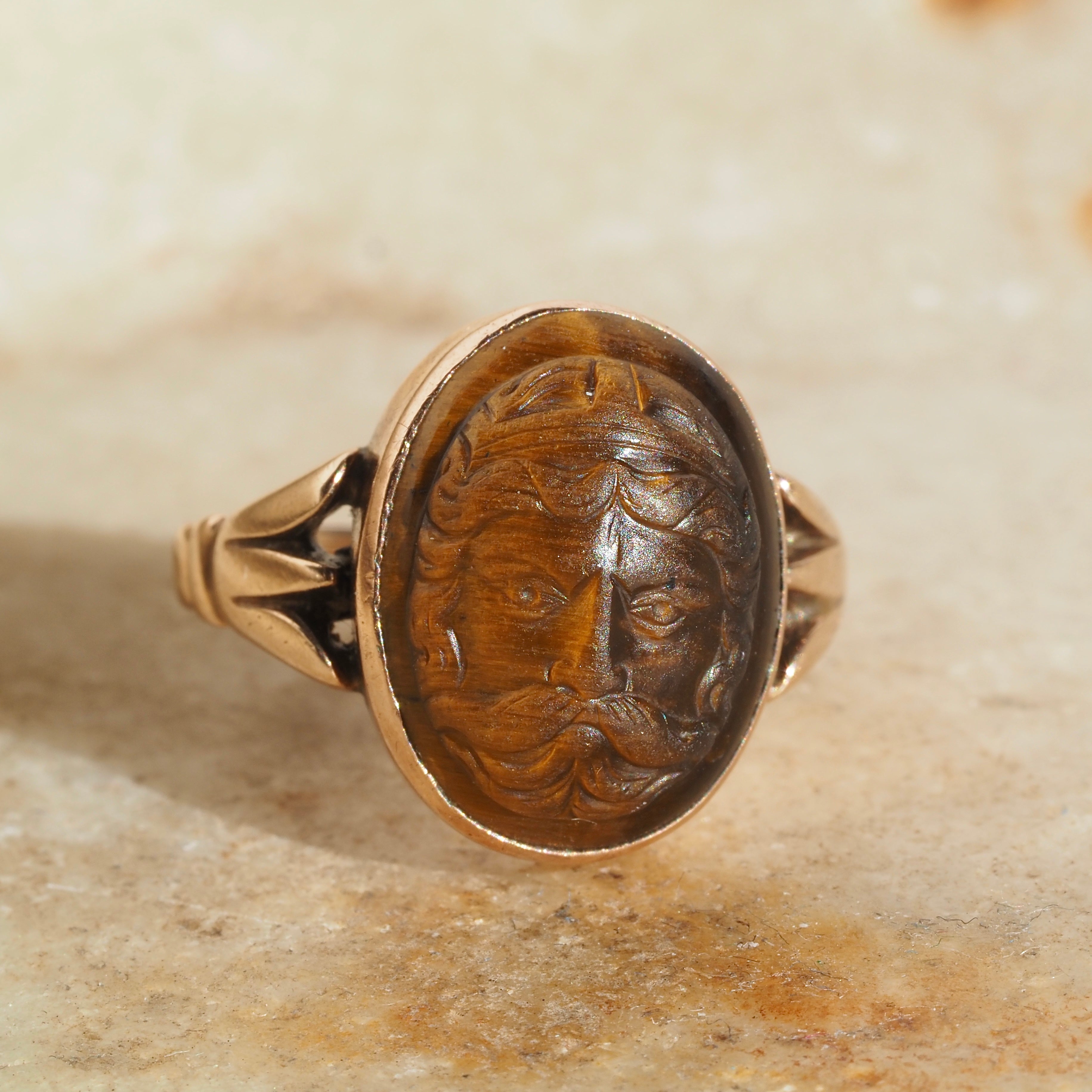 Antique Victorian Carved Zeus Tiger's Eye 10k Gold Ring