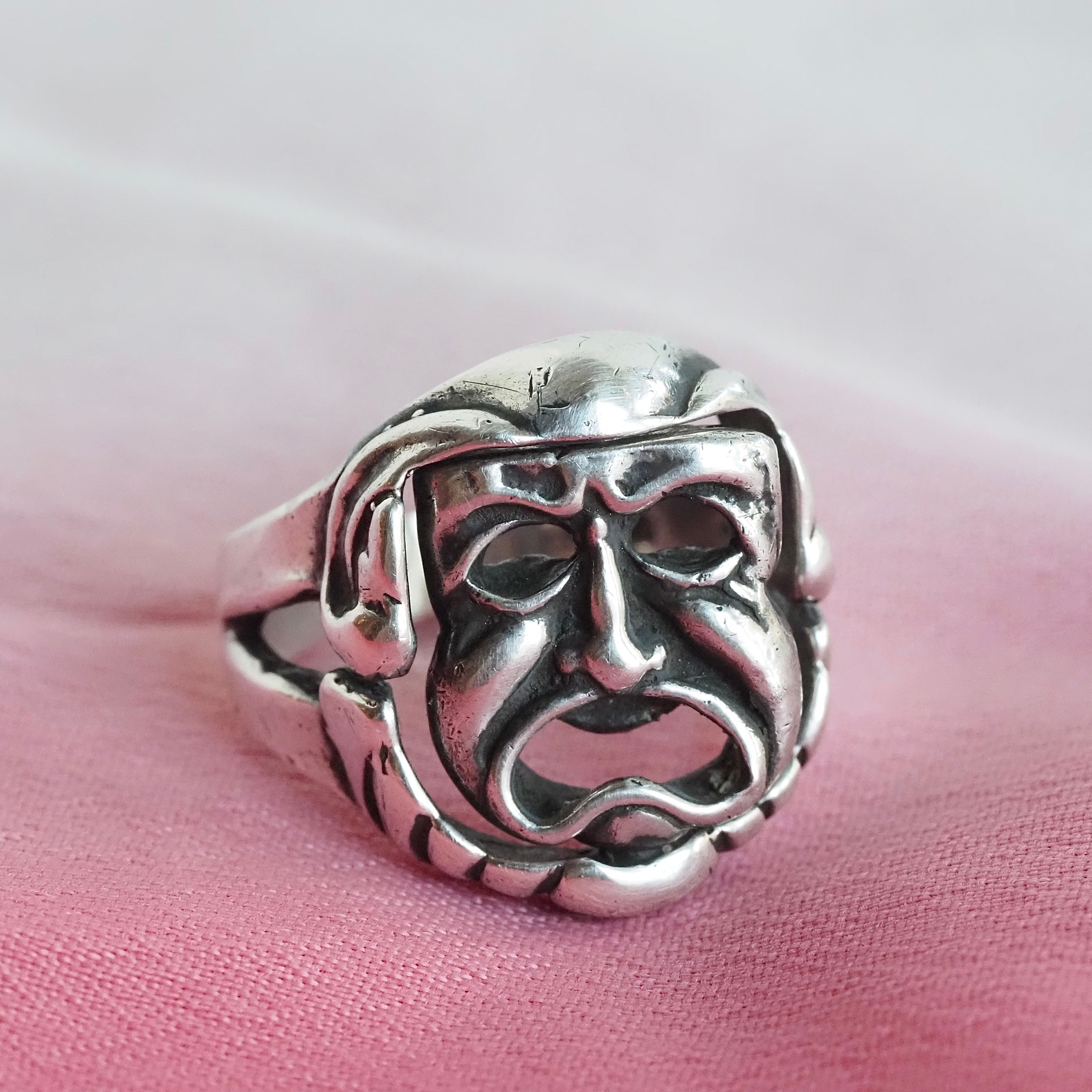 Vintage Comedy Tragedy Mask Flip Sterling Silver Ring