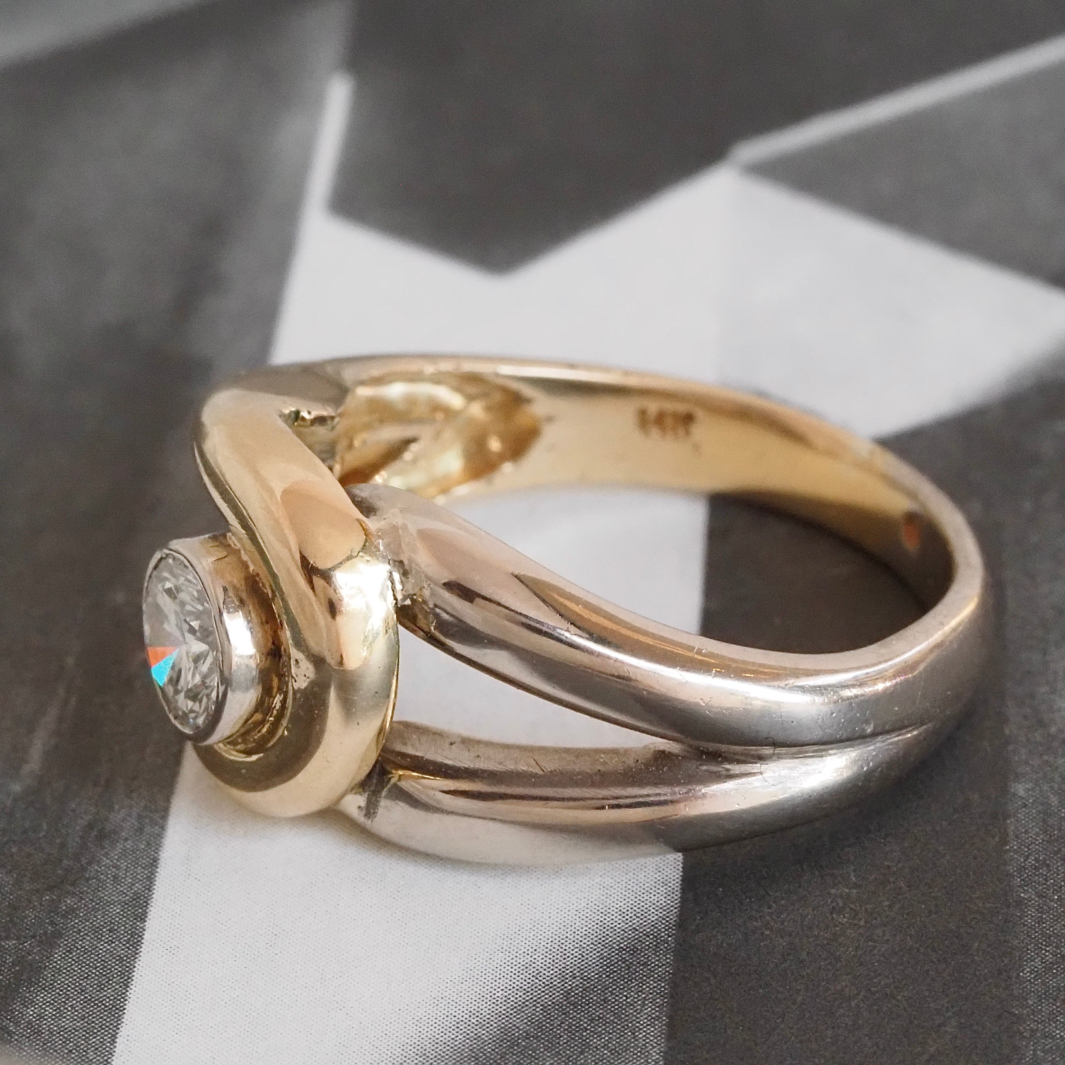 Vintage Diamond White and Yellow 14k Gold Knot Ring