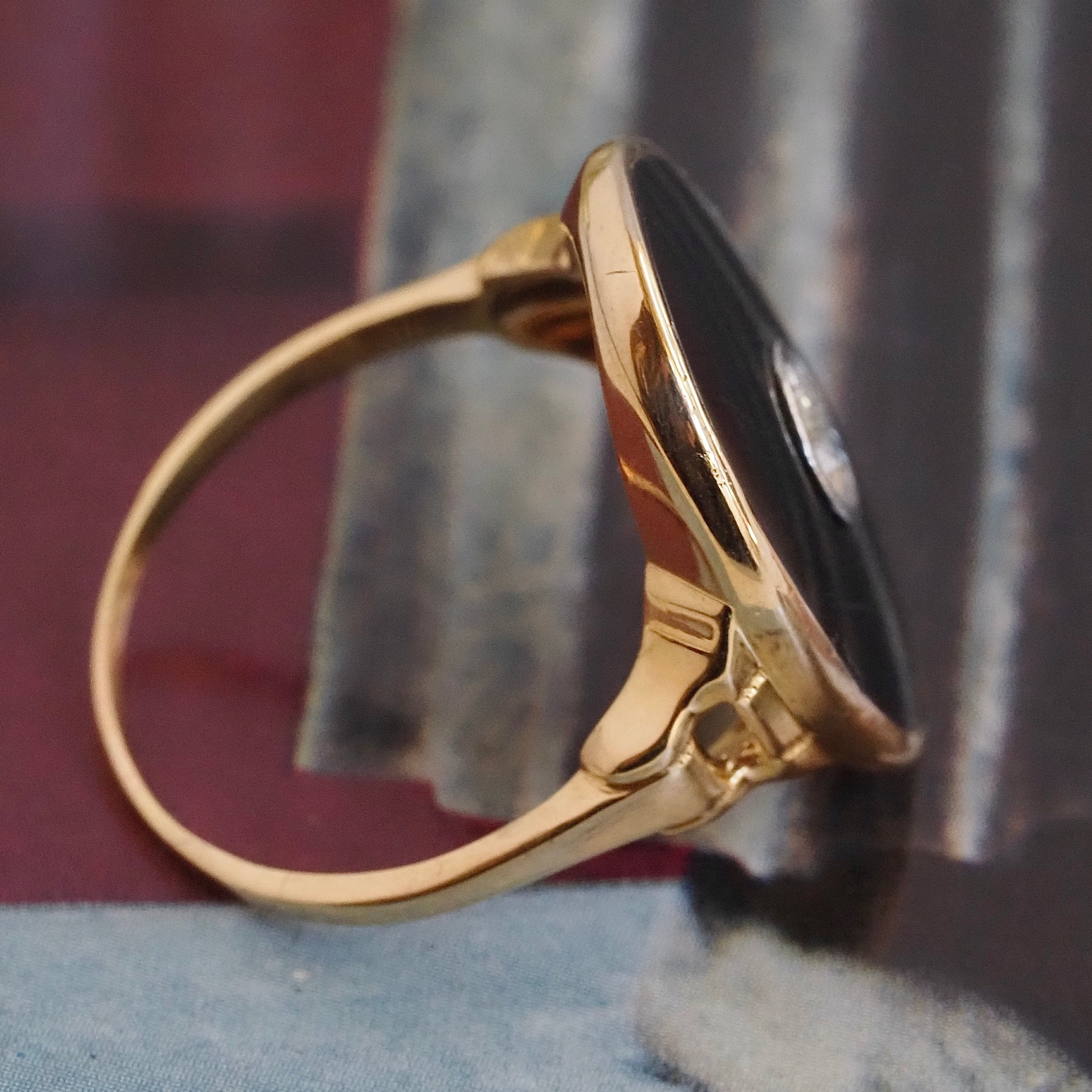 Antique Art Deco Old European Cut Diamond Onyx 14k Gold Ring