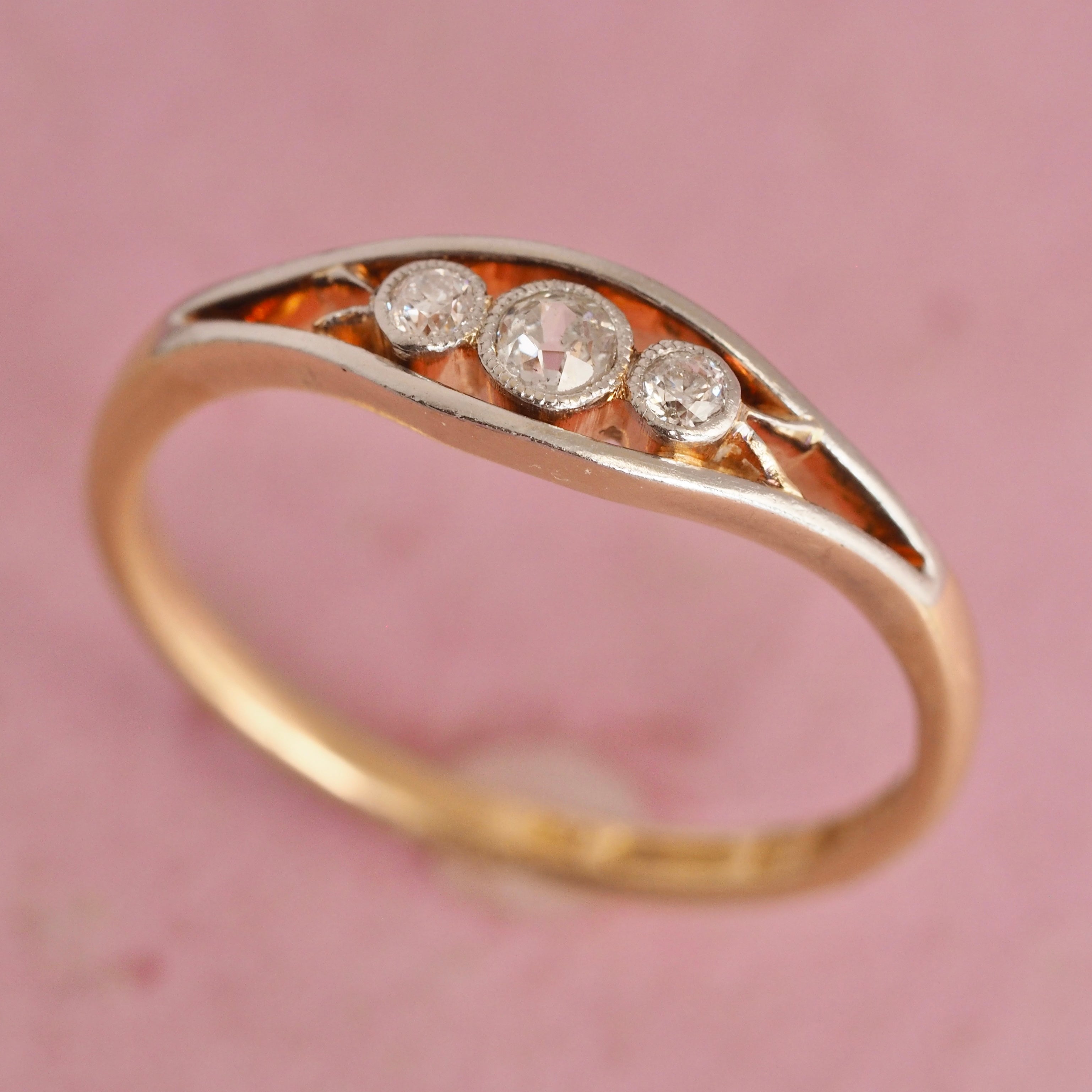 Late Art Deco English 18k Gold and Platinum Old Mine Cut Diamond Trilogy Ring