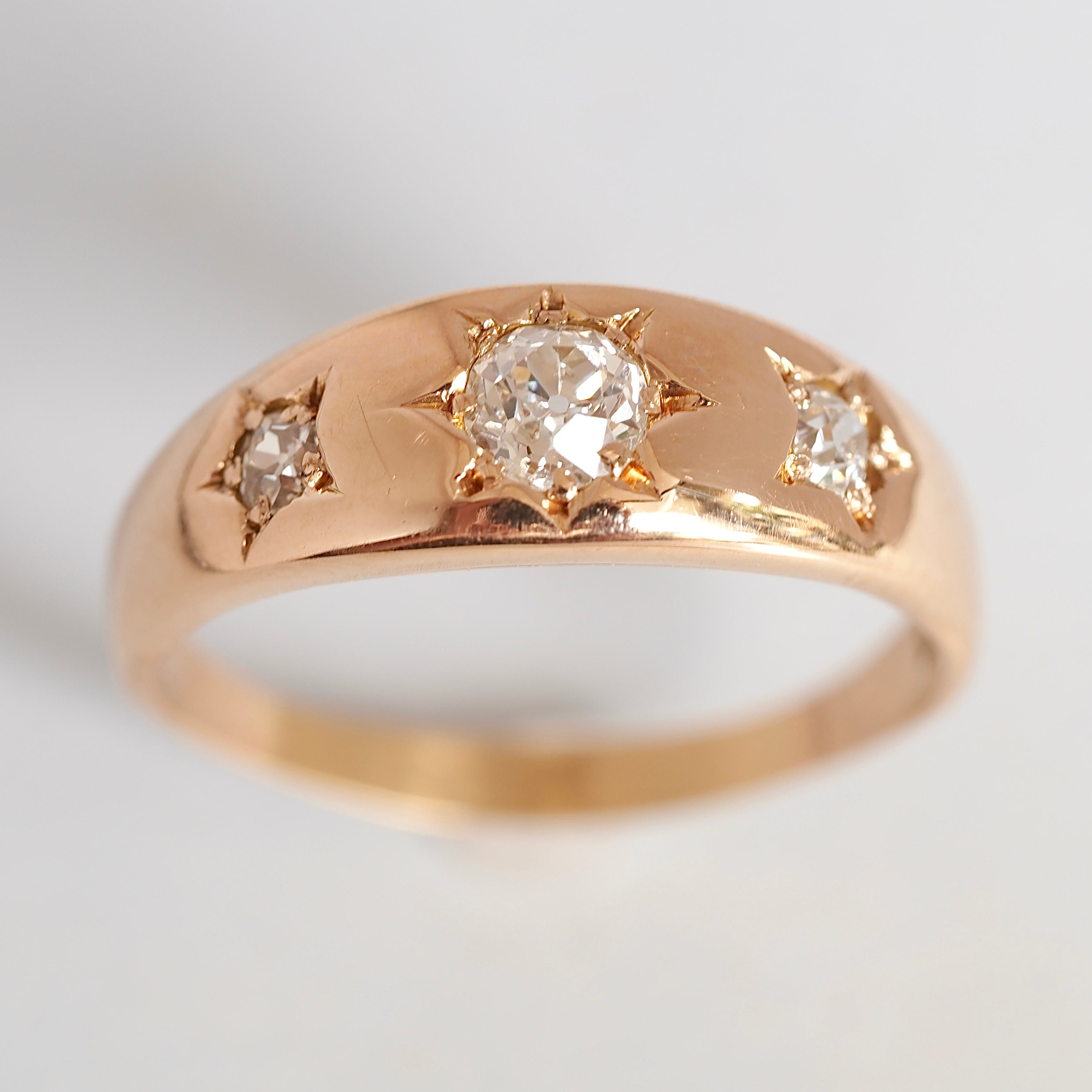 Antique Victorian 18k Gold Old Mine Cut Starburst Trilogy Flush Set Ring