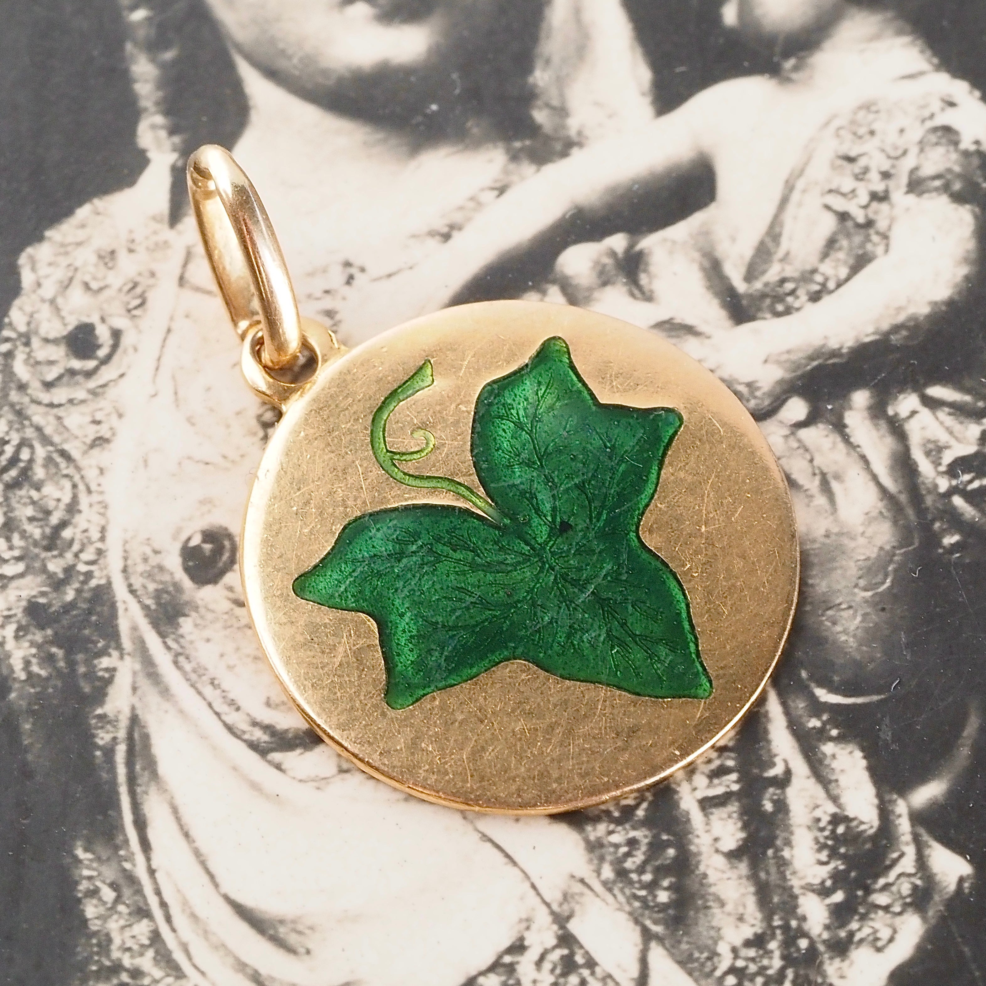 Antique Enamel Ivy 18k Gold Pendant