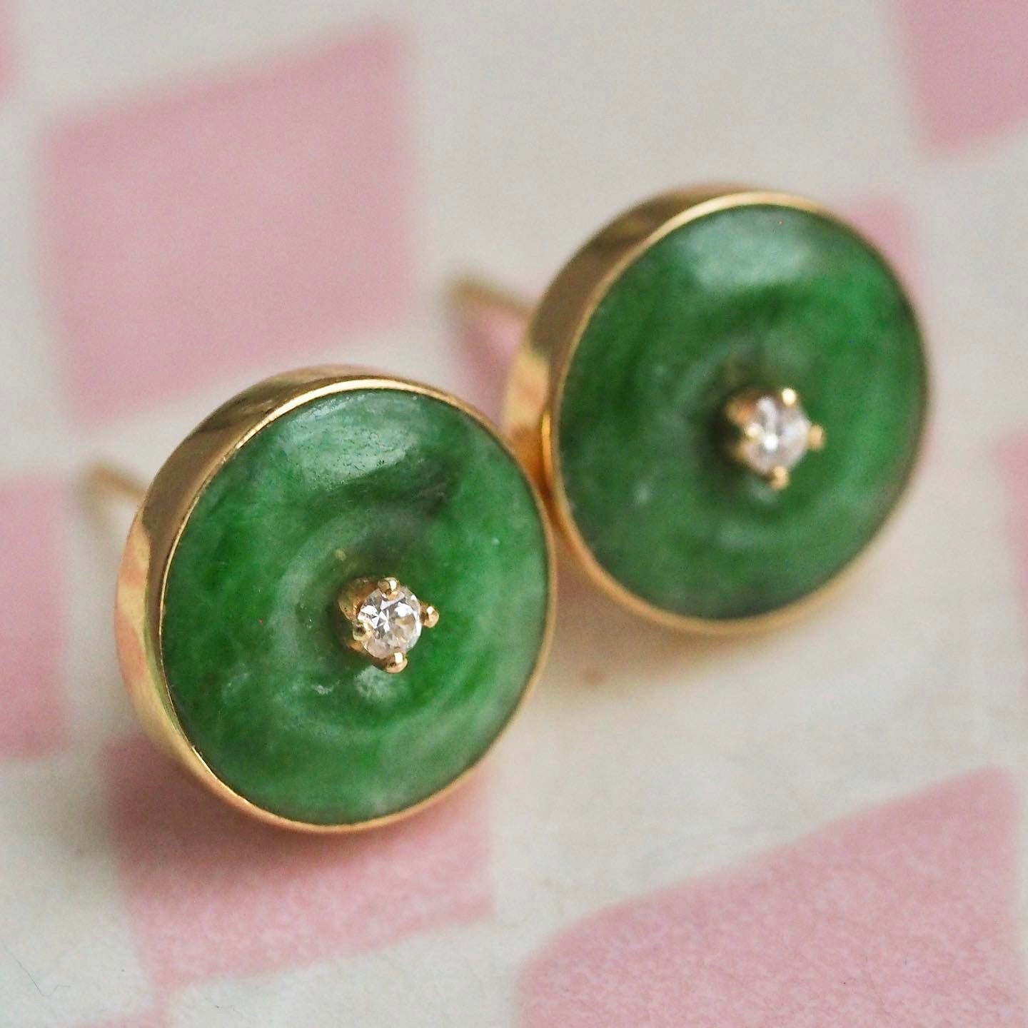 Vintage 18k Gold Jade & Diamond Earrings