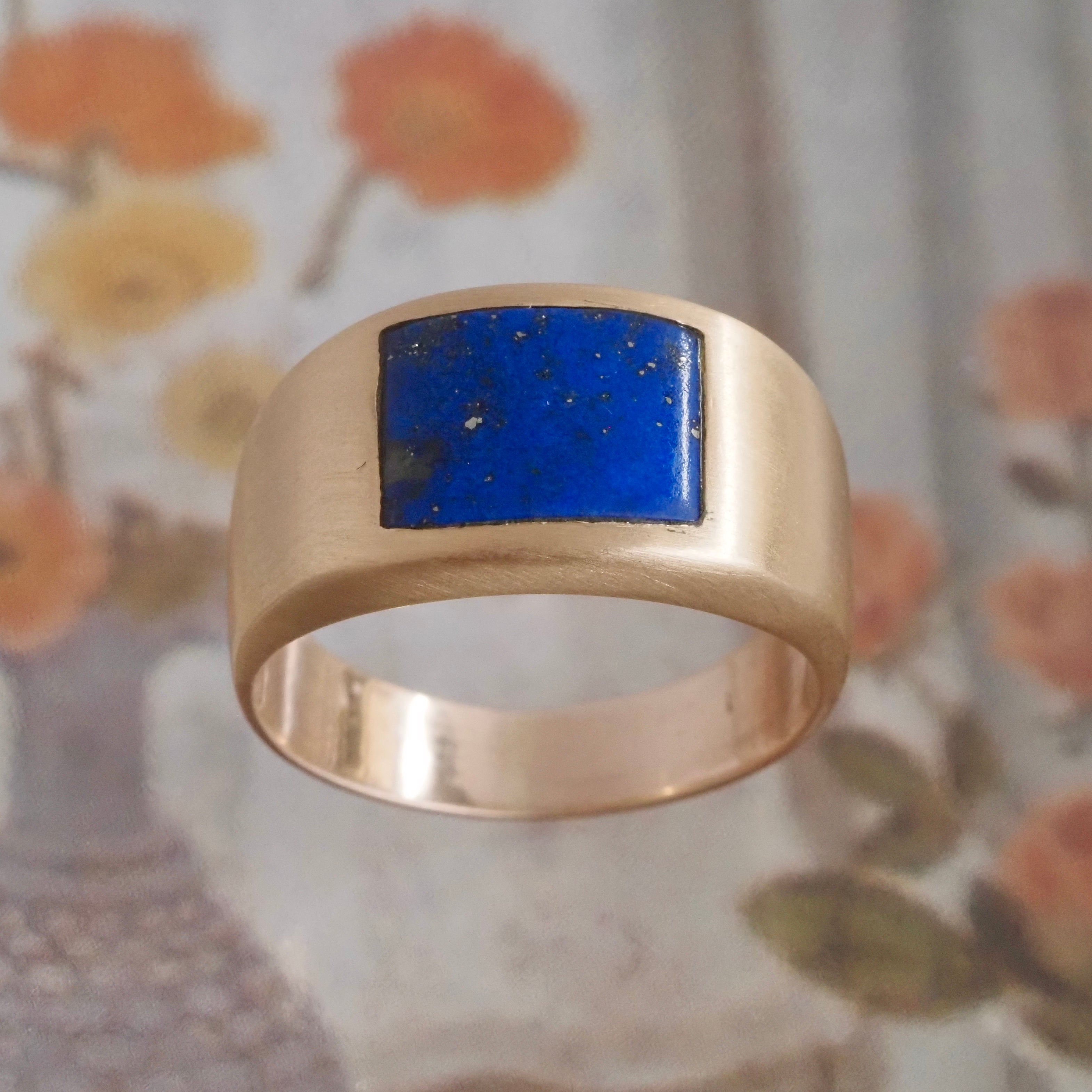 Vintage Inlaid Lapis Brushed 14k Gold Ring