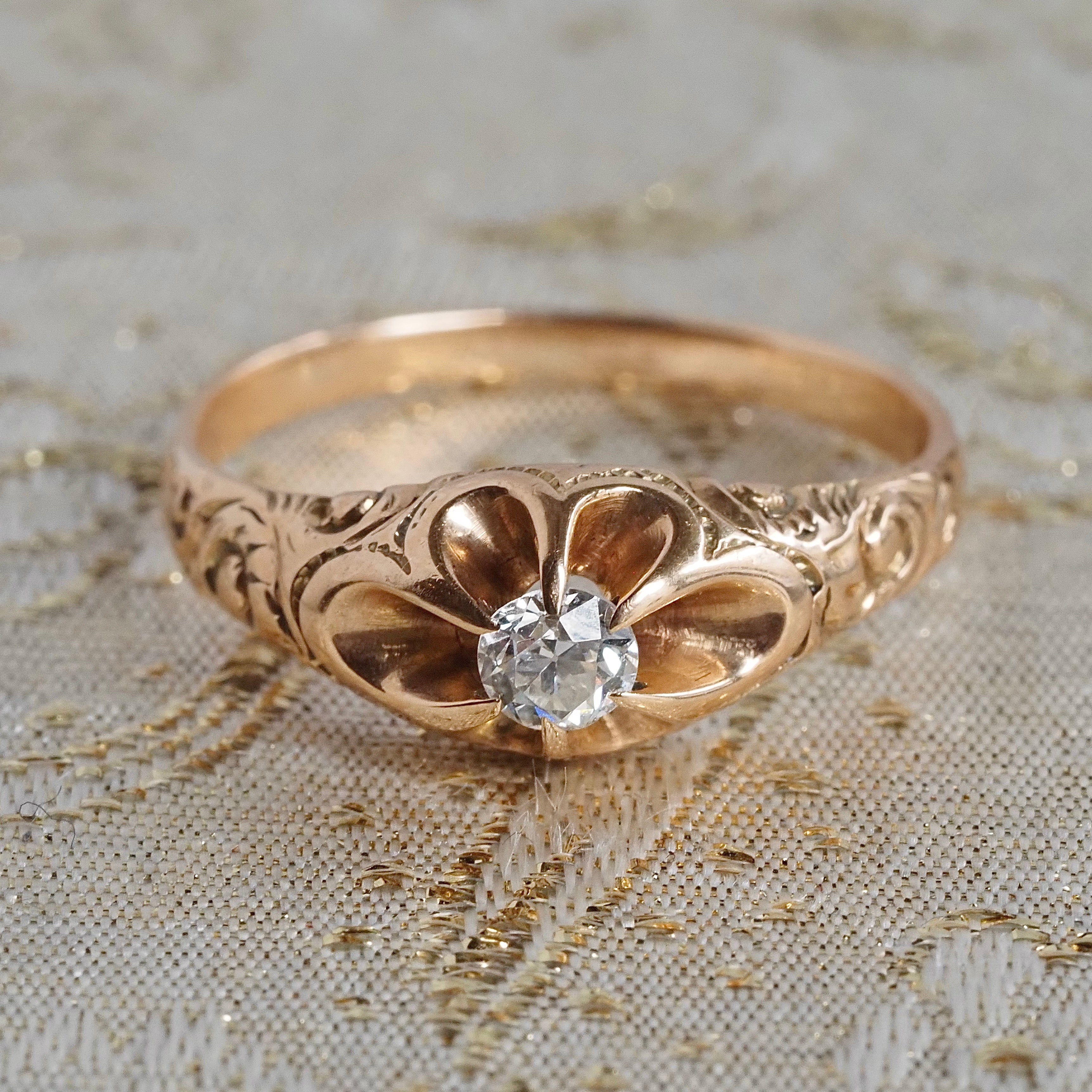 Antique Old European Cut Diamond 14k Gold Engraved Belcher Set Engagement Ring