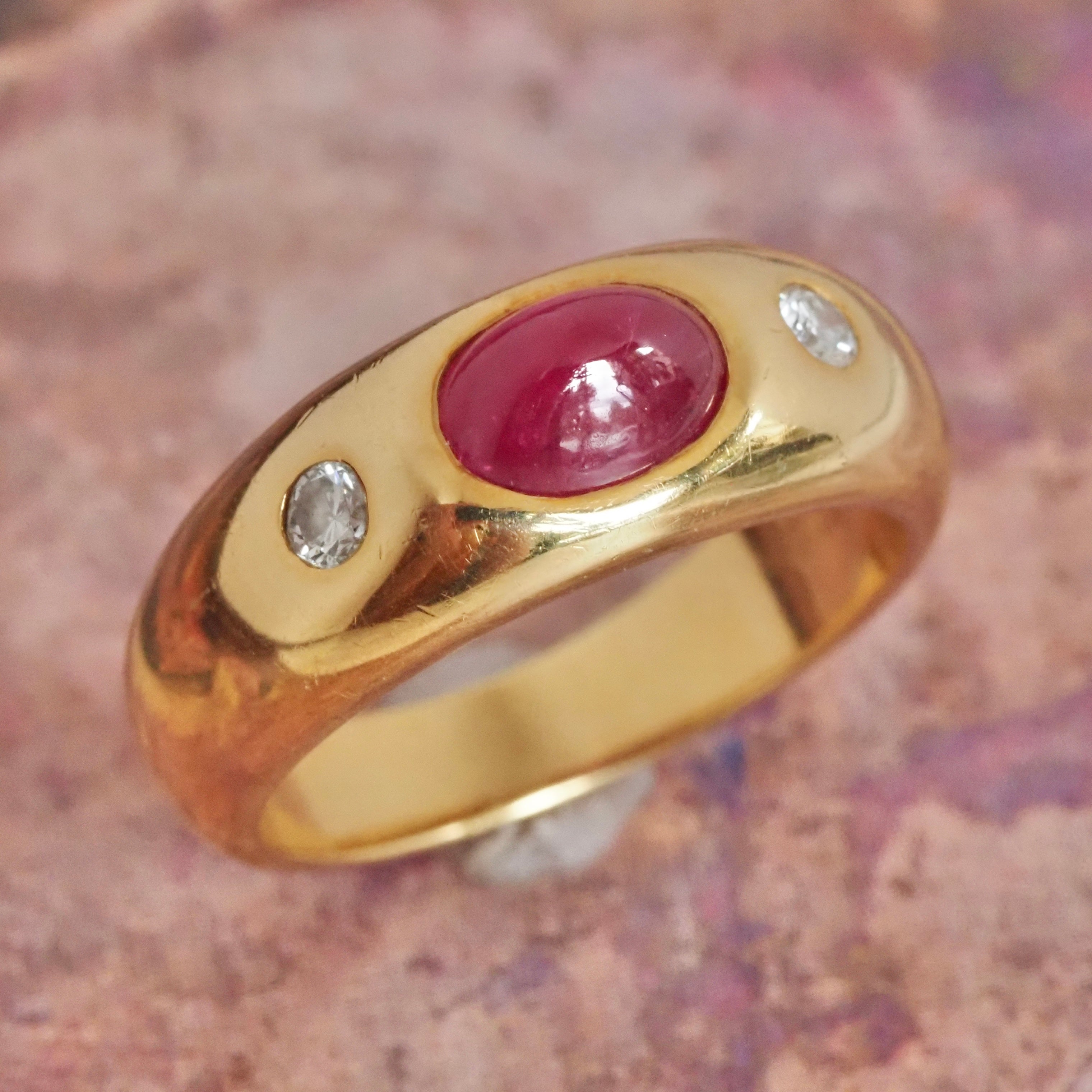 Vintage Natural Ruby and Diamond Flush Set 18k Gold Dome Ring