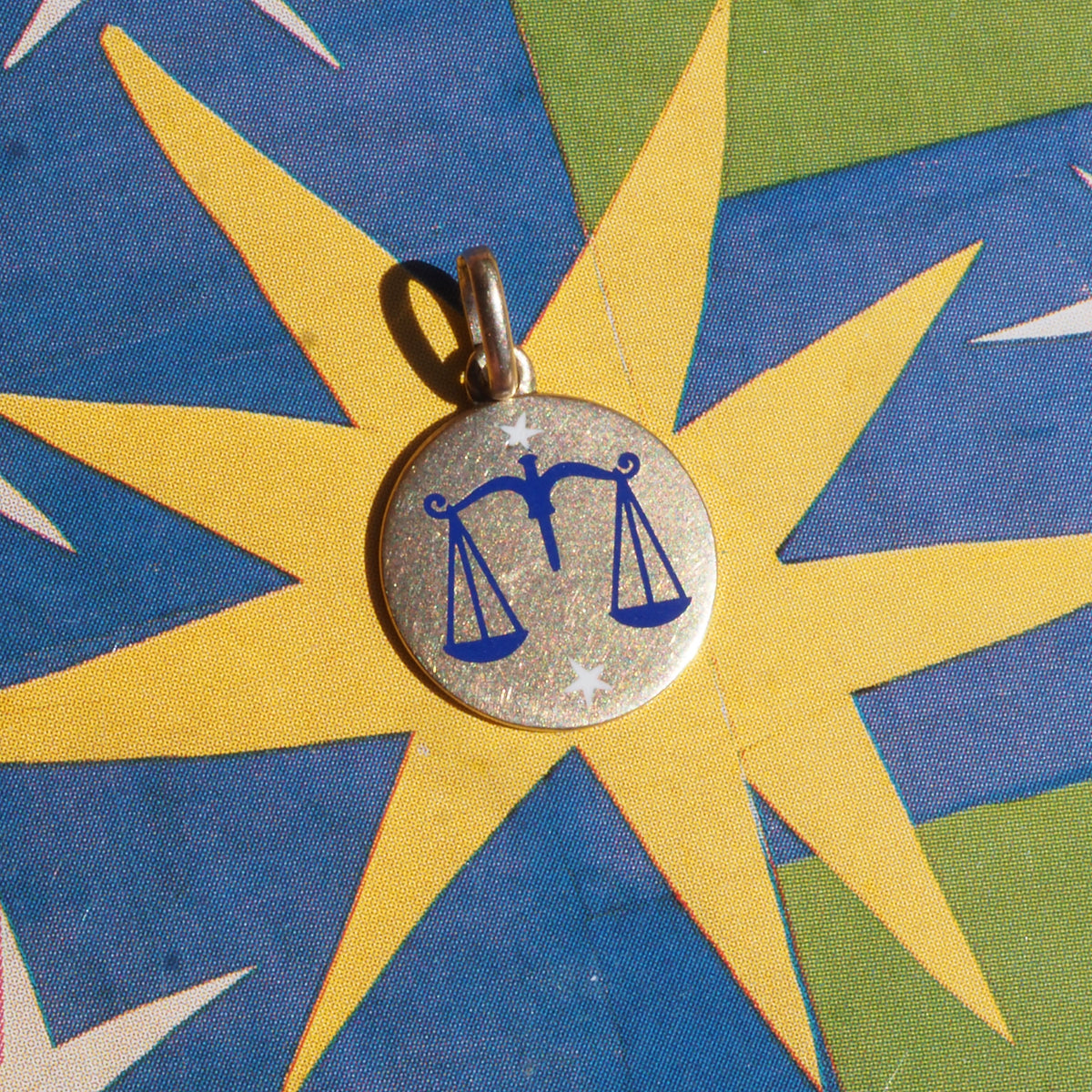 Mid-Century Italian Libra 18k Gold Starry Enamel Zodiac Pendant