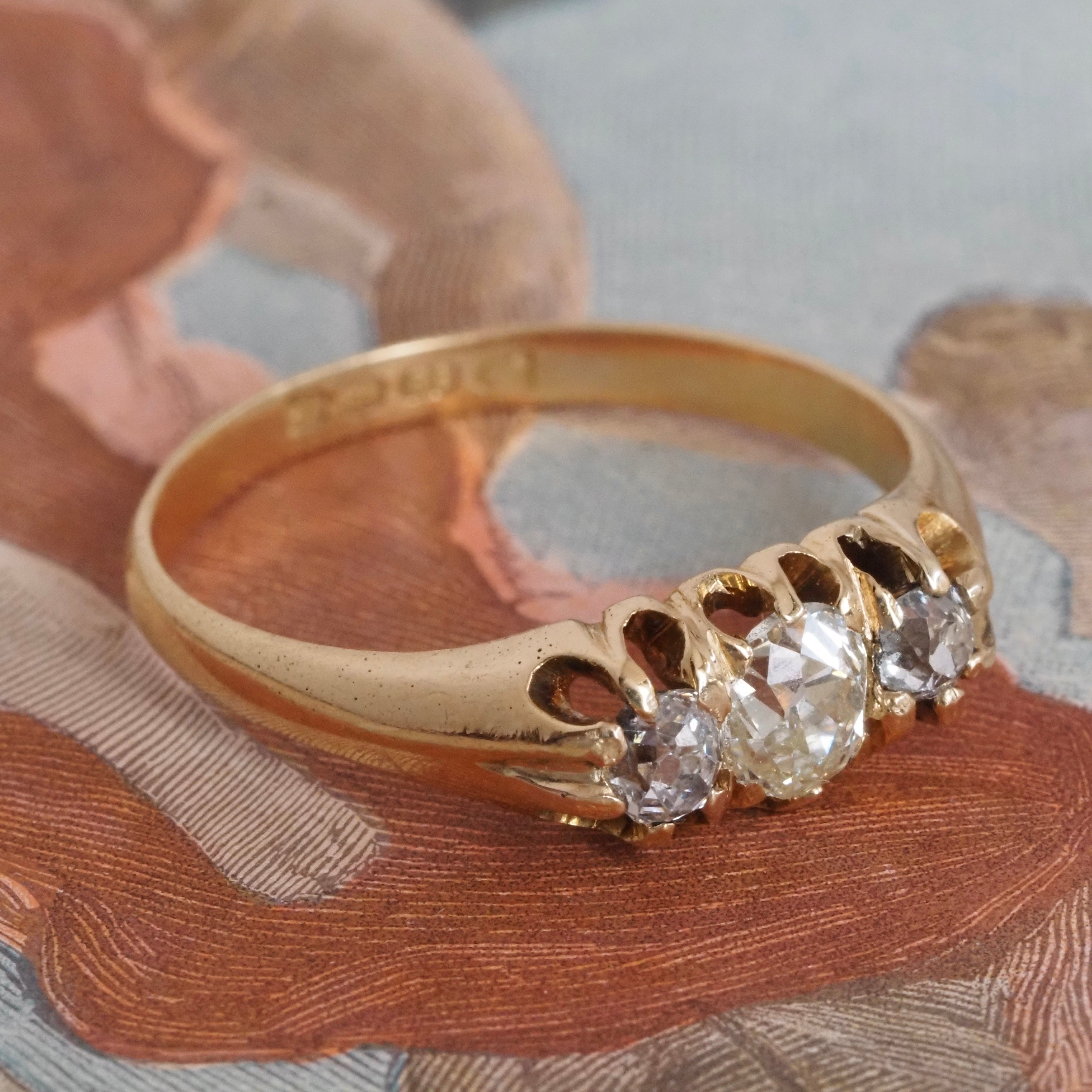 Antique English c.1905 Old Mine Cut Diamond Trilogy 18k Gold Ring