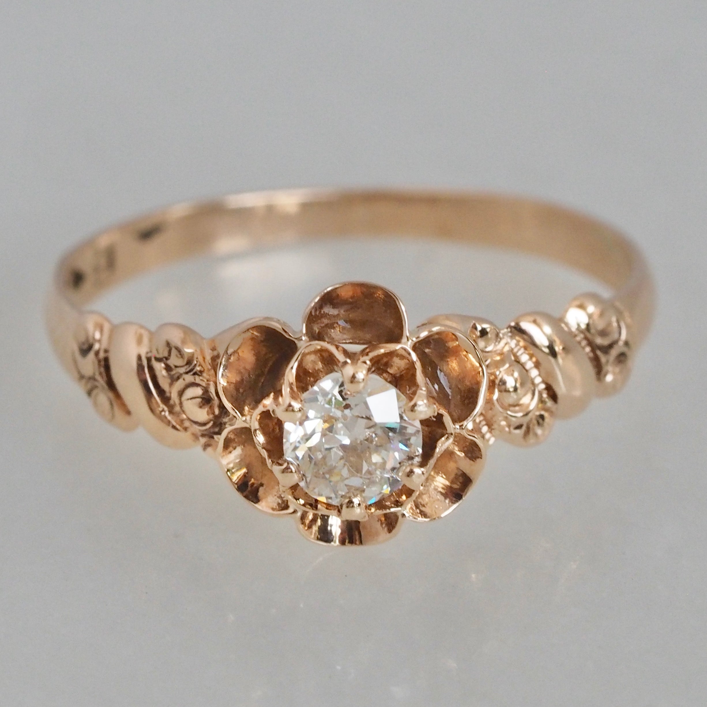 Antique Victorian 10k Gold Old European Cut Diamond Flower Ring