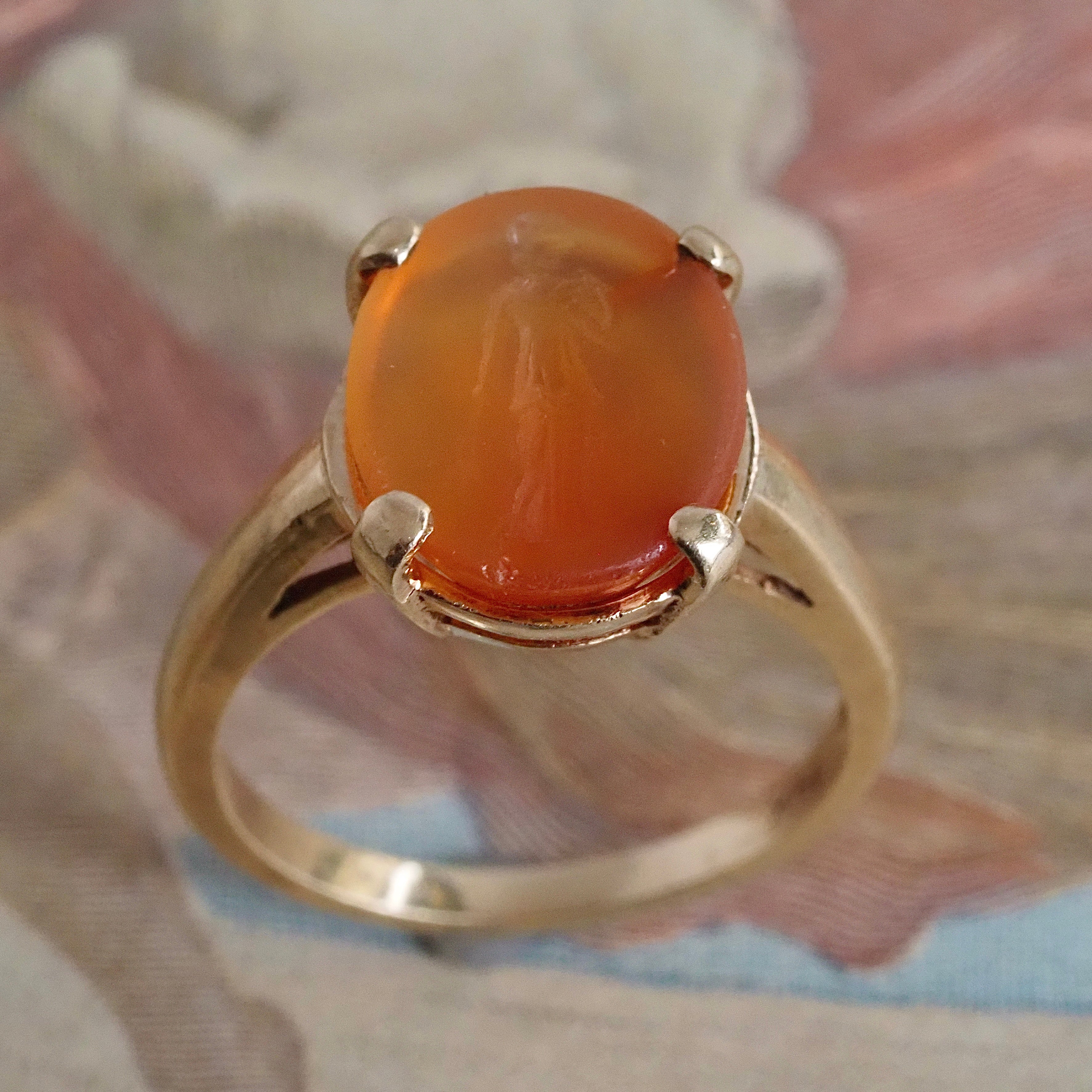 Vintage Carnelian Fortuna Intaglio 14k Gold Ring