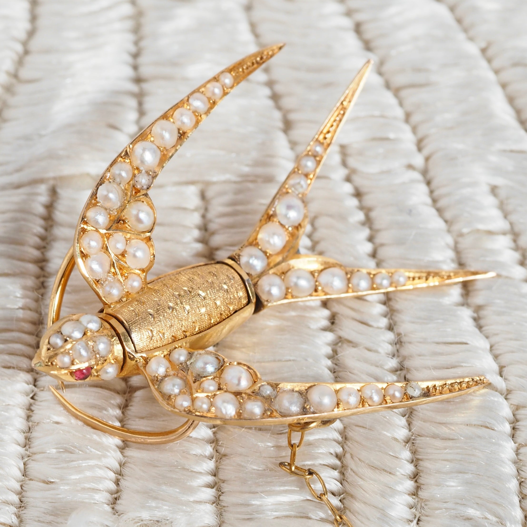Antique Victorian 14k Gold Seed Pearl Swallow Pin