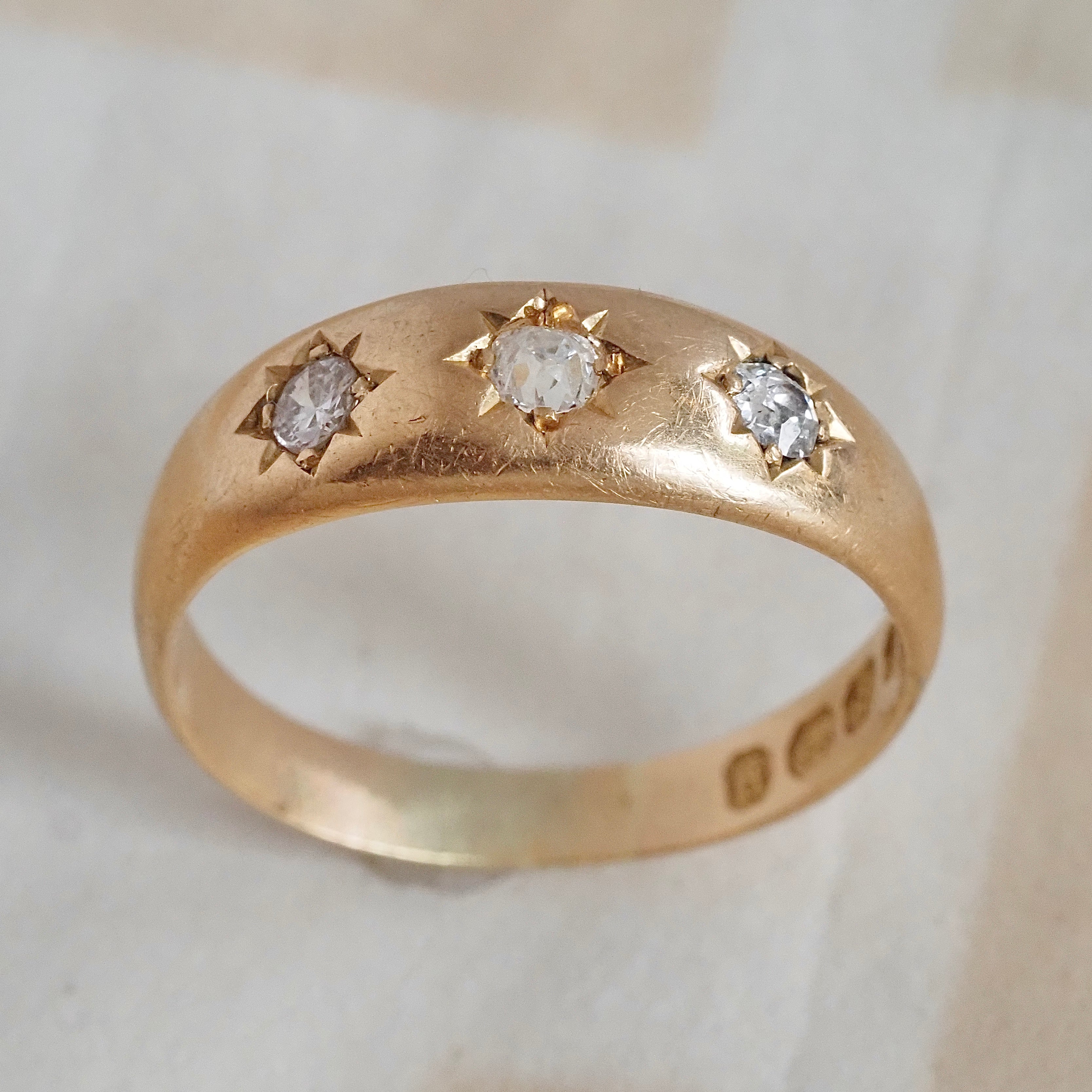 Antique c. 1890 English 18k Gold Old Mine & Old European Cut Diamond Flush Set Trilogy Ring